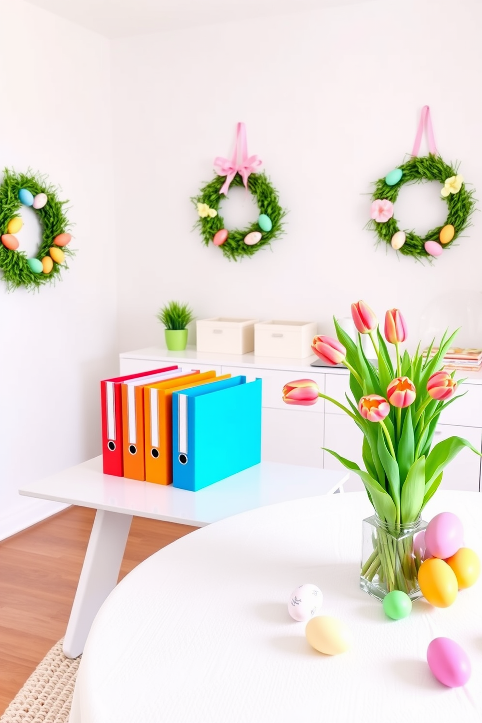 Brightly colored file organizers are arranged neatly on a sleek white desk in a modern home office. The organizers feature vibrant hues of blue, orange, and green, adding a cheerful touch to the workspace. Easter decorating ideas fill the room with festive charm, including pastel-colored egg wreaths hanging on the walls. A table is adorned with a cheerful tablecloth, showcasing a centerpiece of blooming tulips and decorative eggs.