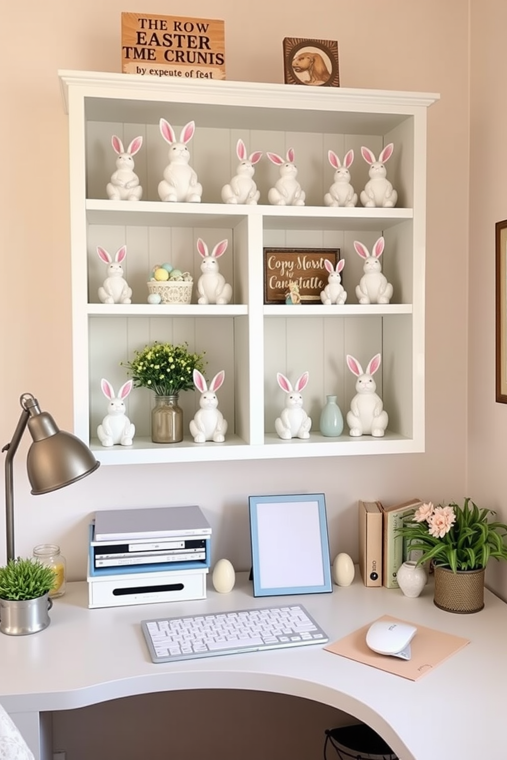 A cozy home office featuring desk shelves adorned with charming bunny figurines in various poses. The shelves are painted in a soft pastel color, enhancing the cheerful Easter theme while providing a whimsical touch to the workspace.