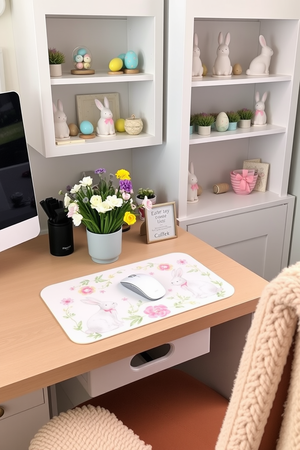 A charming home office setting adorned with Easter-themed mouse pads and coasters. The desk features a pastel-colored mouse pad with floral designs, while the coasters display playful bunny illustrations. The shelves are decorated with small Easter decorations, including colorful eggs and spring flowers. A cozy chair with a soft throw blanket adds warmth to the space, creating an inviting atmosphere for productivity.