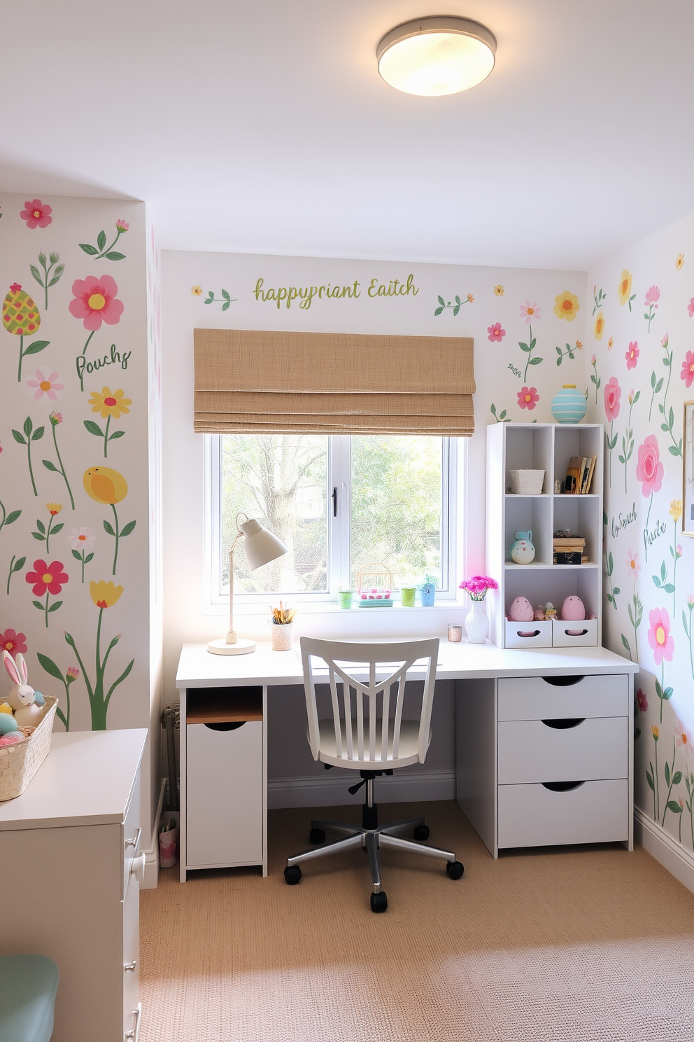 A cozy home office space adorned with potted spring flowers on the windowsill. The desk is made of light wood and features a comfortable ergonomic chair, creating an inviting atmosphere for productivity. Brightly colored Easter decorations are tastefully arranged around the room. A cheerful wreath hangs on the door, and pastel accents are incorporated into the decor for a festive touch.