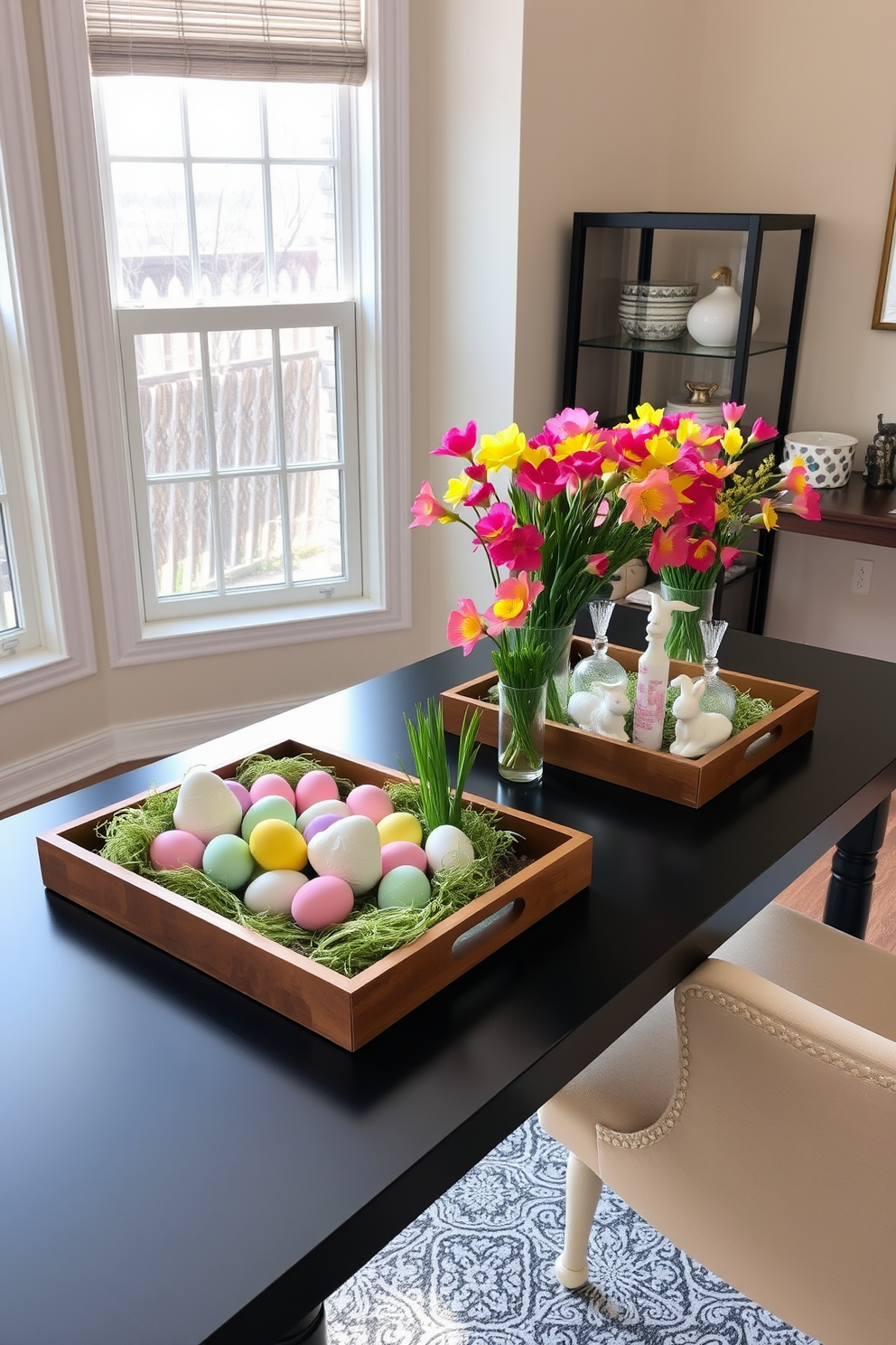 A stylish home office setting featuring a sleek desk adorned with decorative trays filled with seasonal items. The trays showcase vibrant spring flowers, pastel-colored eggs, and small decorative bunnies, creating a festive and inviting atmosphere. The walls are painted in a soft, calming hue, while a comfortable chair complements the desk. Natural light streams in through a large window, illuminating the space and highlighting the cheerful Easter decorations.