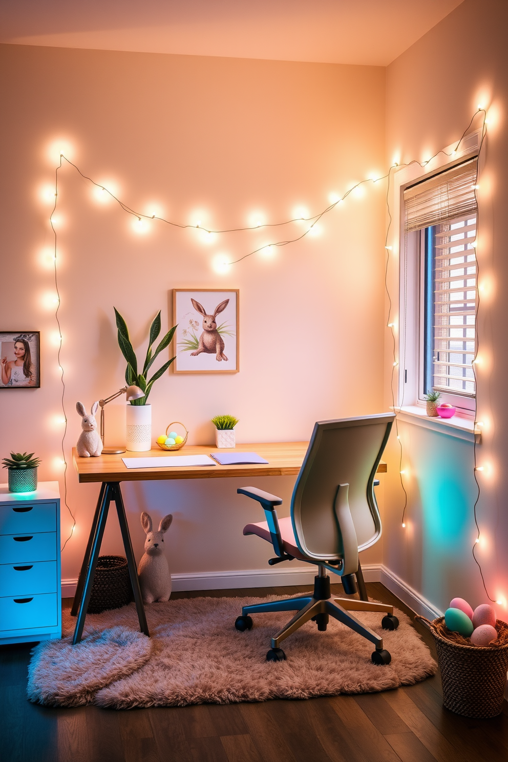 A cozy home office space adorned with pastel-colored string lights that create a warm and inviting ambiance. The walls are painted in a soft cream hue, and a stylish wooden desk is placed against the wall, complemented by a comfortable ergonomic chair. On the desk, there are decorative elements like a small potted plant and a chic lamp. The floor is covered with a plush area rug, and the string lights are draped elegantly around the window, enhancing the cheerful atmosphere. Easter-themed decorations are tastefully arranged throughout the room. A decorative bunny figurine and pastel-colored eggs are displayed on the desk, adding a festive touch to the serene workspace.