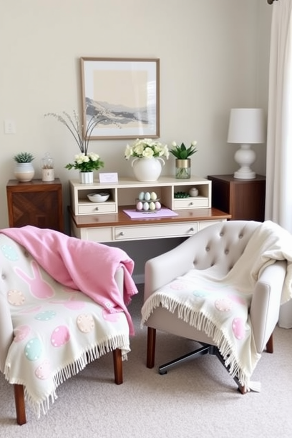 A cozy home office setting adorned with Easter-themed throw blankets draped over stylish chairs. The room features a wooden desk with a pastel color scheme, complemented by decorative Easter eggs and floral arrangements on the desk.