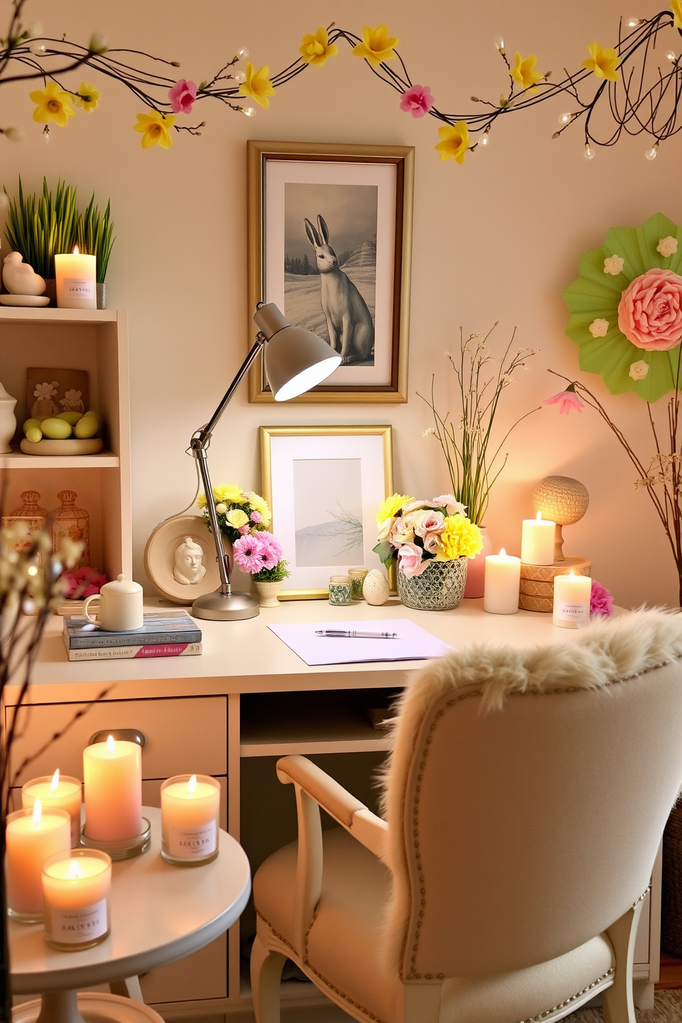 A cozy home office space adorned with seasonal scented candles that create a refreshing ambiance. The desk is neatly organized, featuring a stylish lamp and decorative elements that reflect the Easter theme, such as pastel-colored accents and floral arrangements. Brightly colored Easter decorations are displayed throughout the room, enhancing the cheerful atmosphere. A comfortable chair invites creativity, while the soft glow of the candles adds warmth to the overall design.