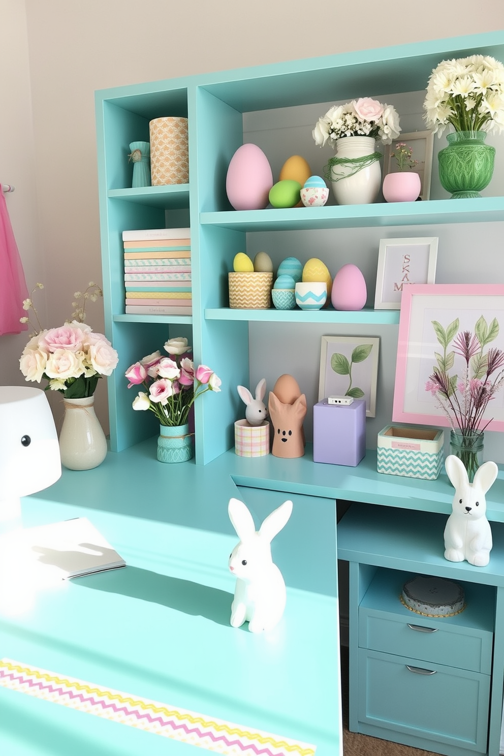 A cozy home office featuring cute bunny plush toys as desk companions. The desk is adorned with pastel-colored stationery and a cheerful Easter-themed decor, creating a playful and inviting atmosphere.