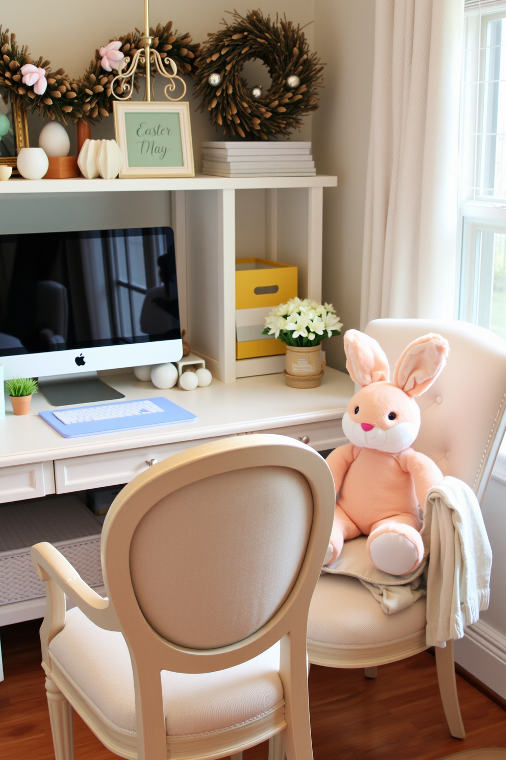 A cozy home office decorated for Easter. Plush bunny toys are seated on the chairs, adding a playful touch to the workspace.