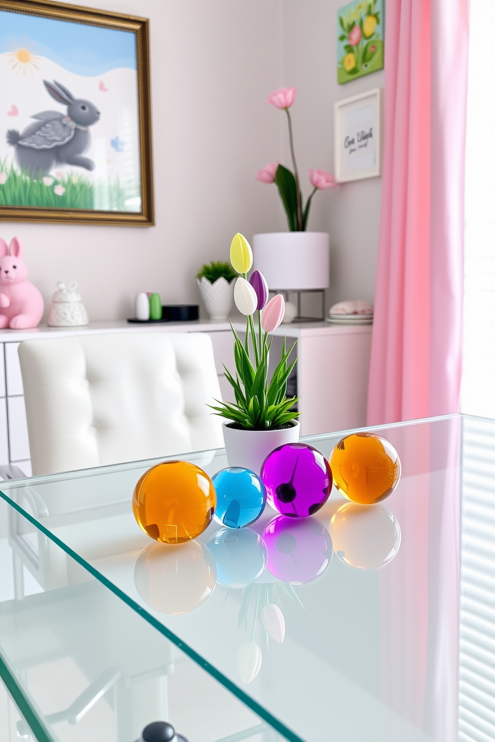 Brightly colored paperweights on a sleek modern desk. The desk is made of glass and metal, providing a clean and contemporary look that enhances the vibrant colors of the paperweights. Home office decorated for Easter with pastel-colored accents. The walls are adorned with cheerful artwork, and a small decorative bunny sits next to a potted plant on the desk.