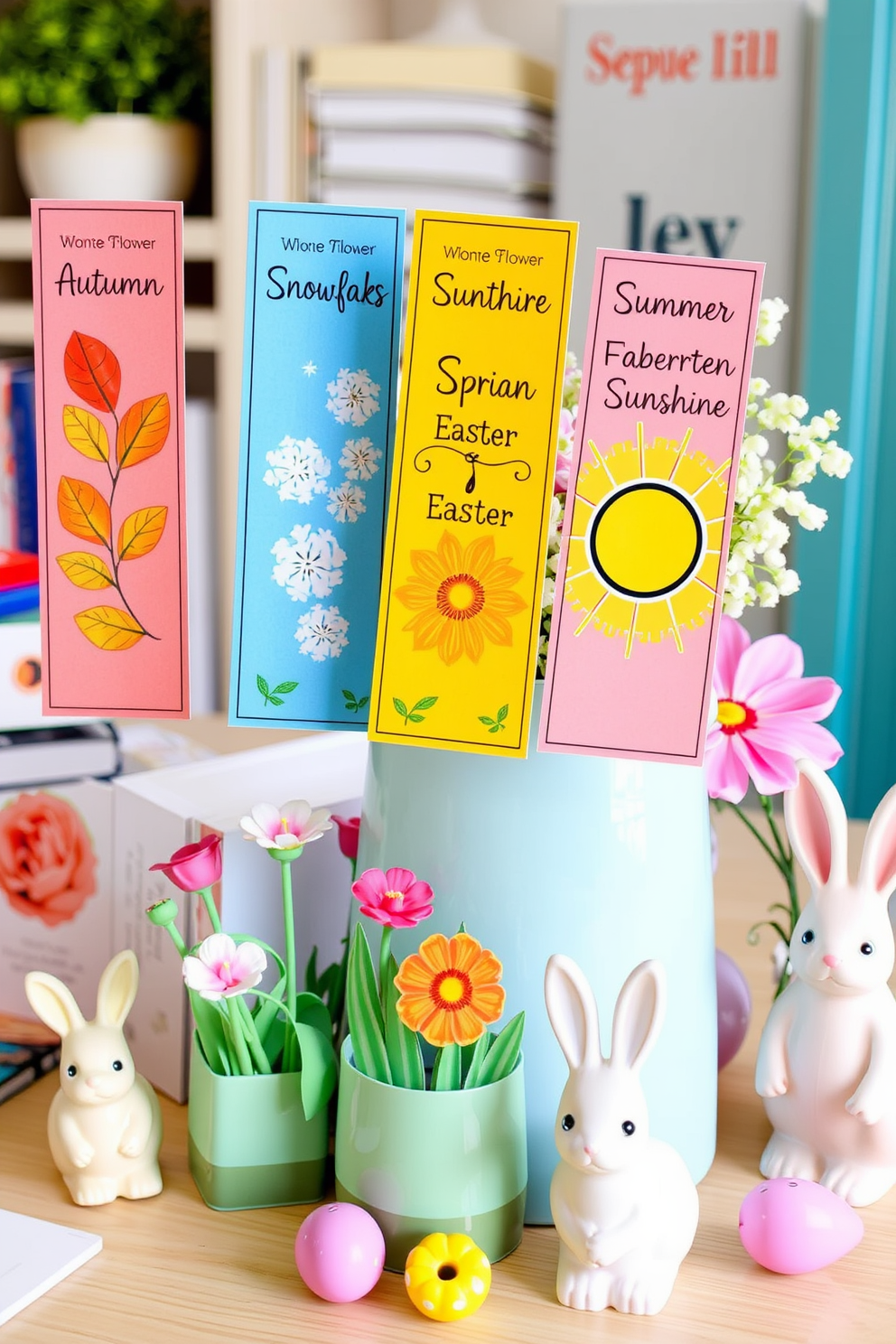 Easter themed bookends for shelves. The bookends are designed as playful bunnies made of ceramic, painted in pastel colors, with intricate floral patterns adorning their bodies. Home Office Easter Decorating Ideas. The workspace features a light wooden desk adorned with a cheerful spring floral arrangement and pastel-colored stationery, creating an inviting and festive atmosphere.