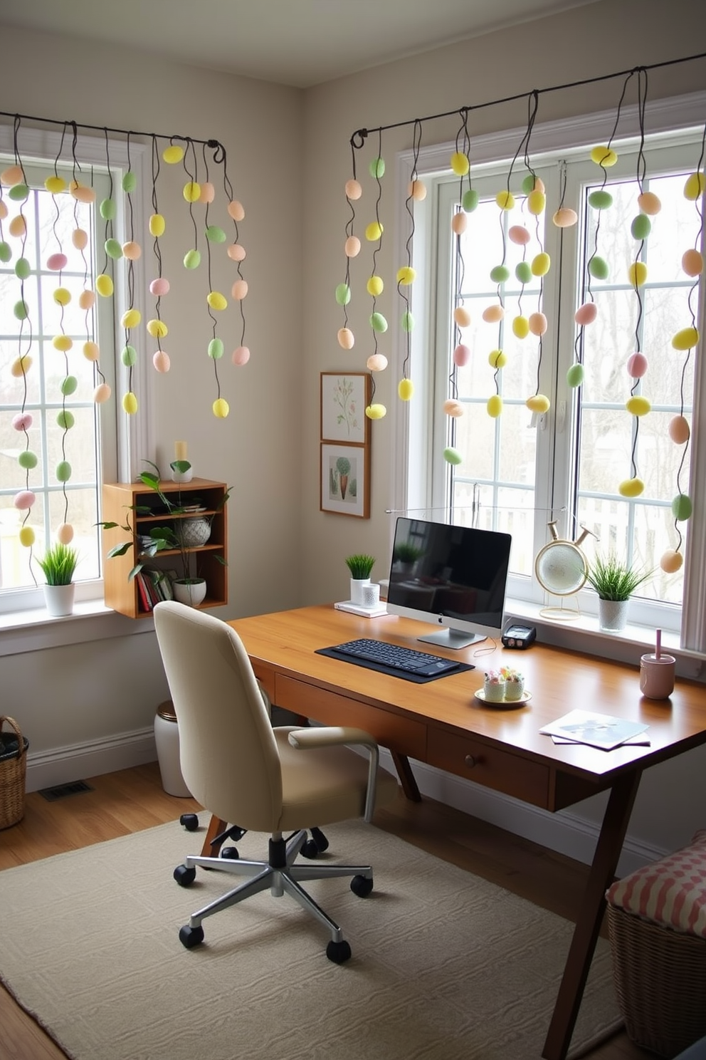 A cozy home office adorned with Easter egg garlands draped elegantly across the windows. The workspace features a sleek wooden desk with a comfortable chair, and pastel-colored decorations add a festive touch to the room.