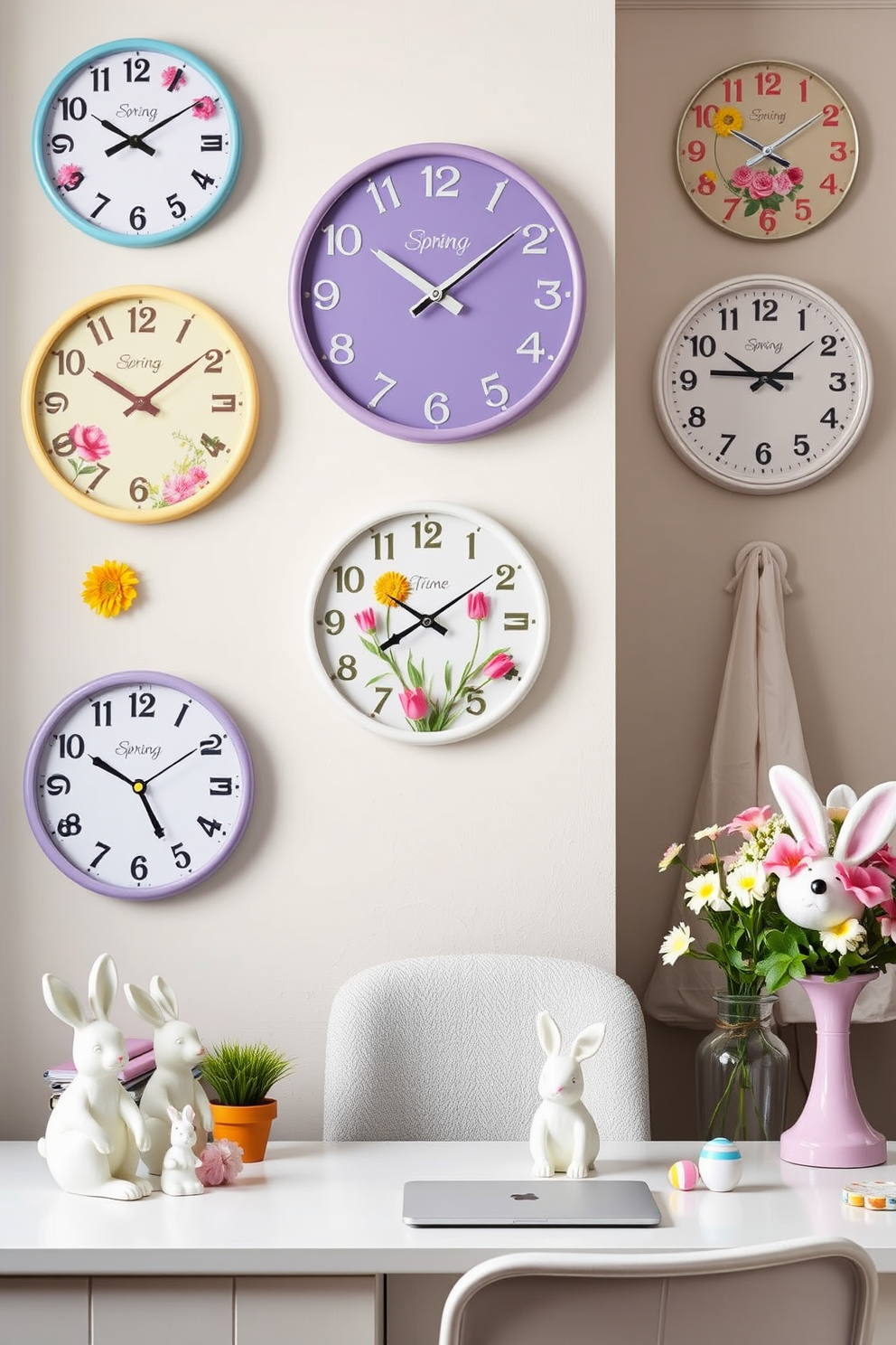 A collection of decorative wall clocks featuring spring themes. Each clock showcases vibrant colors and floral designs, bringing a cheerful ambiance to any room. A stylish home office decorated for Easter. The space includes pastel-colored accents, bunny figurines, and floral arrangements that create a warm and inviting work environment.