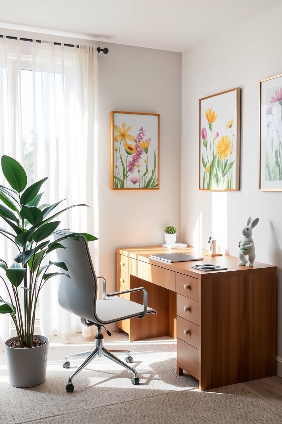 A bright and airy home office featuring spring-themed artwork on the walls. The artwork includes vibrant floral prints and pastel colors that evoke the essence of Easter. A sleek wooden desk is positioned against one wall, adorned with decorative items like a bunny figurine and a small potted plant. Soft natural light filters through sheer curtains, creating a warm and inviting atmosphere perfect for productivity.