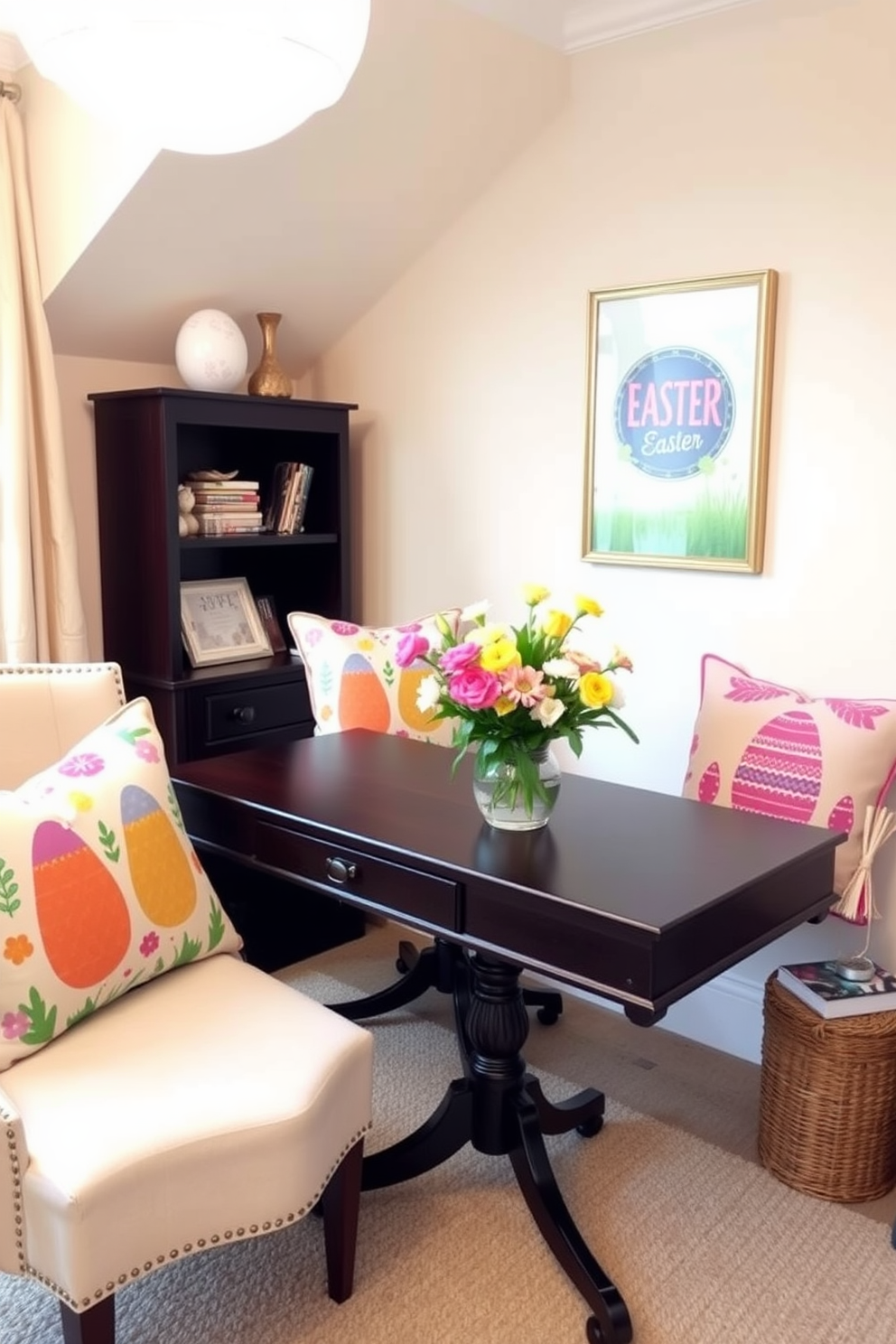 A cozy home office decorated for Easter features a stylish desk adorned with colorful cushions showcasing vibrant Easter motifs. The walls are painted in a soft pastel hue, and a cheerful arrangement of spring flowers sits on the desk, creating a festive atmosphere.