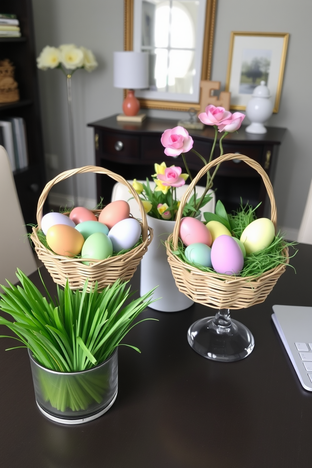 A cozy home office decorated for Easter features decorative baskets filled with beautifully painted eggs in various pastel colors. The baskets are strategically placed on a stylish desk alongside a cheerful spring-themed centerpiece, creating a festive and inviting workspace.