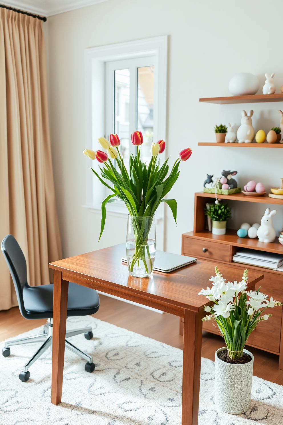 A bright and inviting home office features a sleek wooden desk positioned near a window. Fresh tulips in a vase serve as a cheerful centerpiece, adding a touch of spring to the workspace. The walls are adorned with soft pastel colors, creating a calming atmosphere. Easter decorations, such as colorful eggs and playful bunnies, are tastefully arranged on shelves and the desk, enhancing the festive spirit.