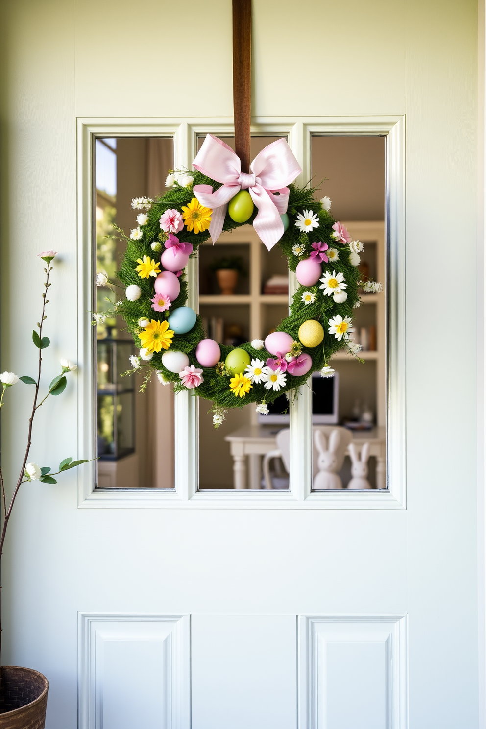 A charming Easter wreath adorns the front door, crafted from fresh flowers and colorful eggs that bring a festive touch to the entryway. The vibrant hues of the wreath complement the soft pastel colors of the home, creating an inviting atmosphere. Inside the home office, delicate Easter decorations are thoughtfully arranged on the desk and shelves. Subtle touches like bunny figurines and pastel-hued stationery enhance the workspace, making it a cheerful and inspiring environment.