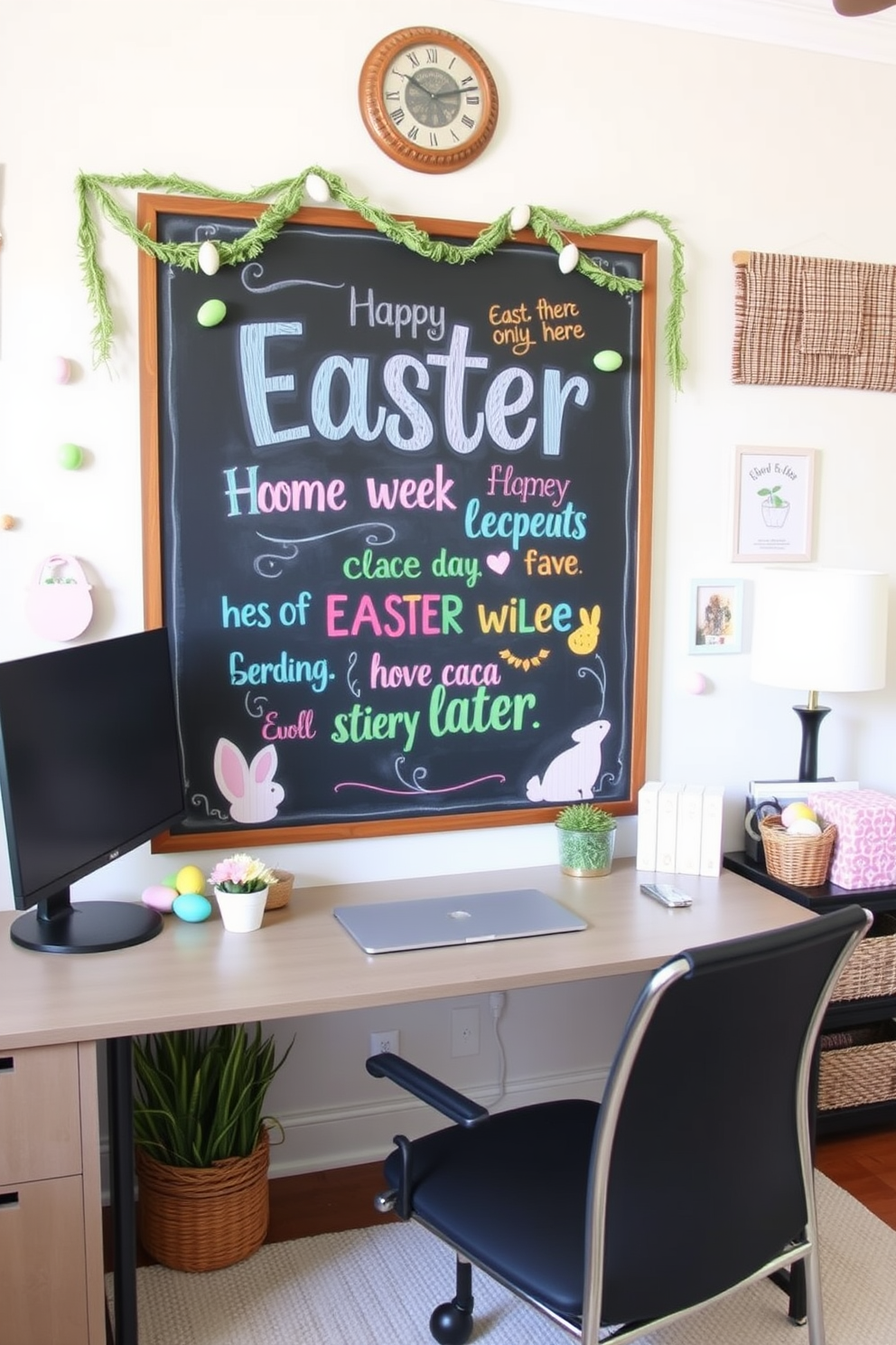 A charming home office decorated for Easter. A large chalkboard is mounted on the wall, featuring colorful Easter quotes written in playful fonts, surrounded by pastel-colored decorations.