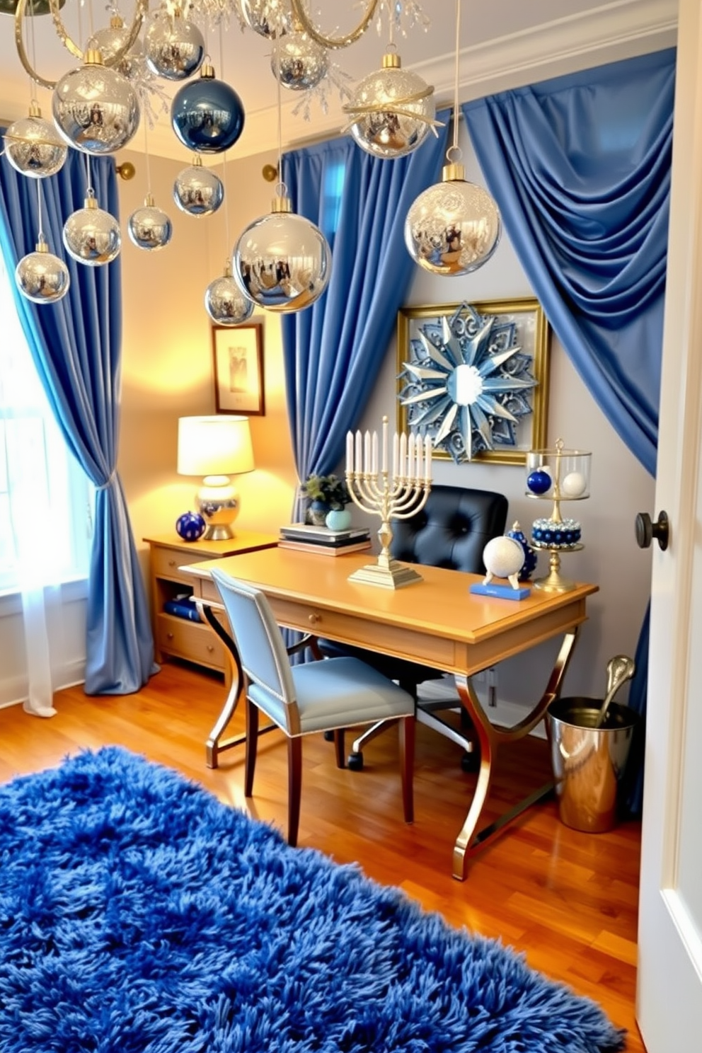 A cozy home office decorated for Hanukkah features a festive blue and silver color scheme. The walls are adorned with elegant blue drapes, and a silver menorah sits prominently on the desk, surrounded by decorative blue and silver accents. A plush blue rug covers the floor, adding warmth to the space. Sparkling silver ornaments hang from the ceiling, creating a joyful atmosphere that celebrates the holiday spirit.