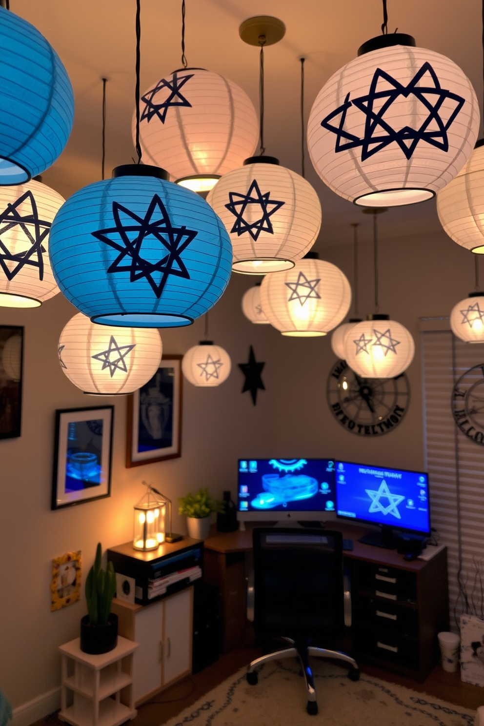 Charming Hanukkah-themed wall decals adorn the workspace, featuring traditional symbols like menorahs and dreidels in vibrant colors. The decals create a festive atmosphere, enhancing the overall warmth and spirit of the home office. Home office Hanukkah decorating ideas include a cozy reading nook with a plush chair draped in a blue and white throw. A small table displays a decorative menorah, adding a personal touch to the workspace while celebrating the holiday.