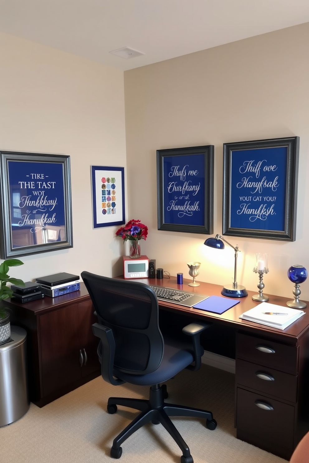 A cozy home office adorned with Hanukkah decorations. Inspirational quotes are framed in elegant blue and silver frames, adding a festive touch to the workspace. The desk is made of dark wood, complemented by a comfortable ergonomic chair. Soft white lighting illuminates the area, creating a warm and inviting atmosphere.