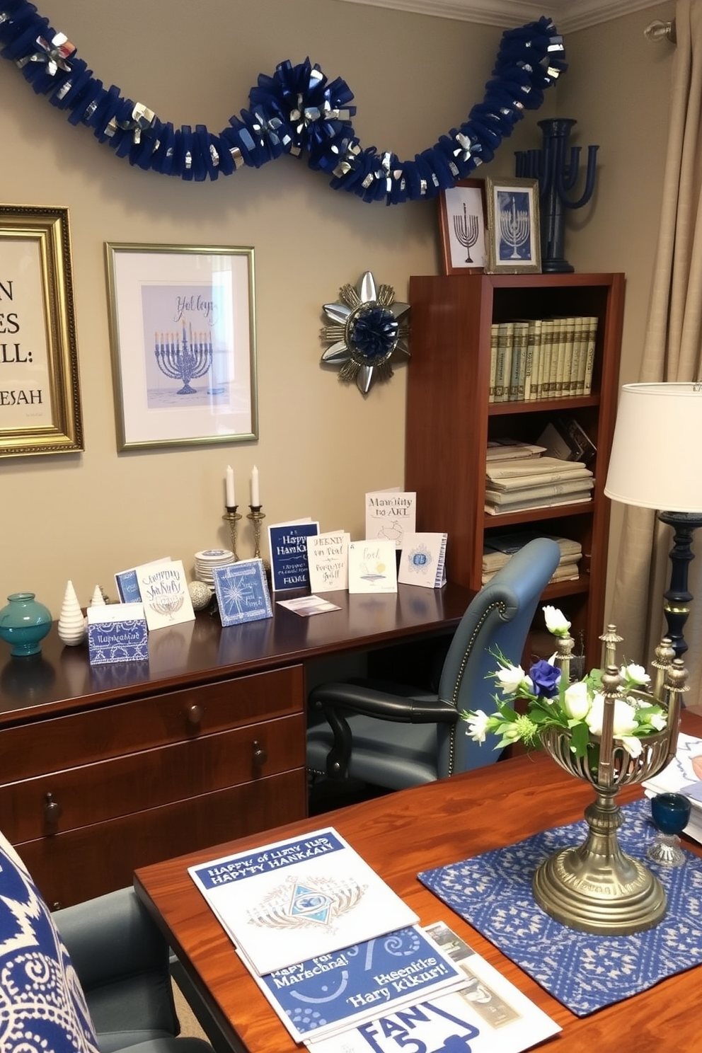 A cozy home office space adorned with personalized Hanukkah greeting cards. The desk is elegantly decorated with a menorah and festive candles, surrounded by warm lighting and blue and silver accents. The walls are adorned with colorful Hanukkah-themed artwork, creating a vibrant atmosphere. A plush chair invites comfort, while a small table holds a tray of traditional treats, enhancing the festive spirit.