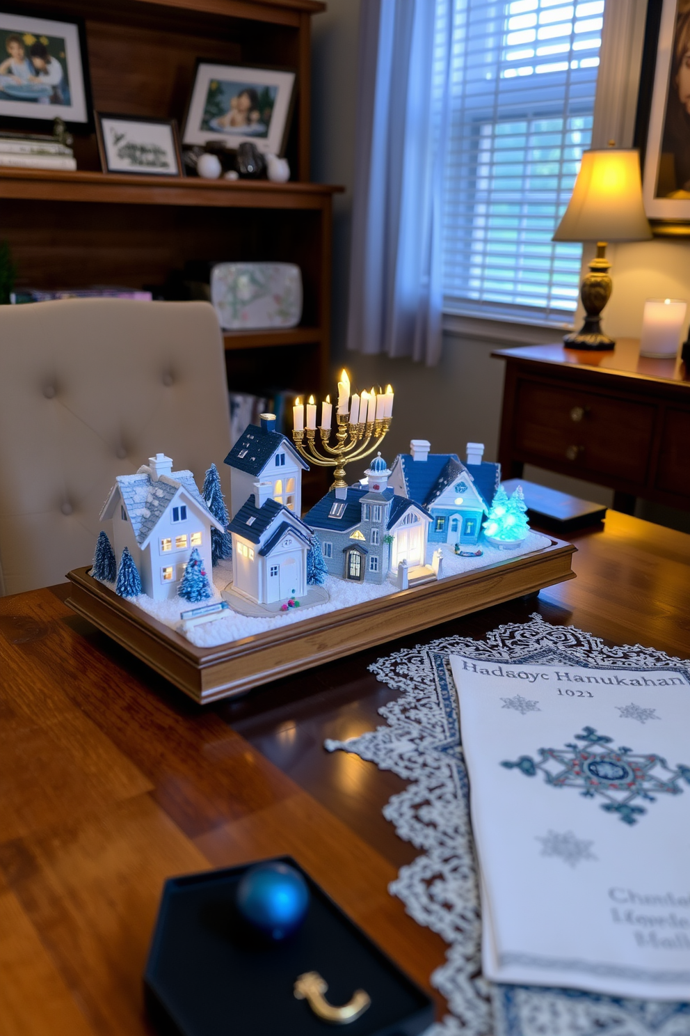 A charming miniature Hanukkah village is displayed on a wooden desk in the home office. The village features small, intricately designed houses, each adorned with blue and white decorations, creating a festive atmosphere. Soft, warm lighting highlights the details of the village, while a few menorahs are placed among the houses. The desk is surrounded by cozy, seasonal decor, including a decorative table runner and themed artwork on the walls.