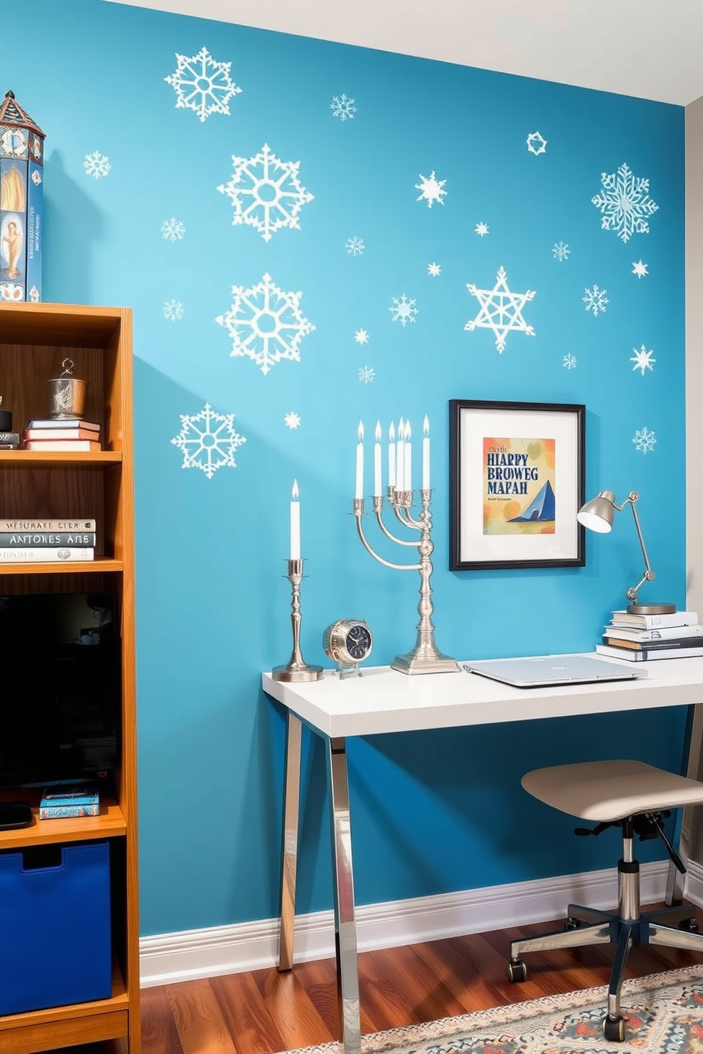 Festive wall decals featuring vibrant colors and cheerful designs bring holiday cheer to any space. These decals can include snowflakes, menorahs, and stars, adding a joyful touch to your home during the festive season. For a home office inspired by Hanukkah, incorporate a color palette of blue, silver, and white. Use decorative elements like a menorah centerpiece and themed artwork to create an inviting and festive workspace.