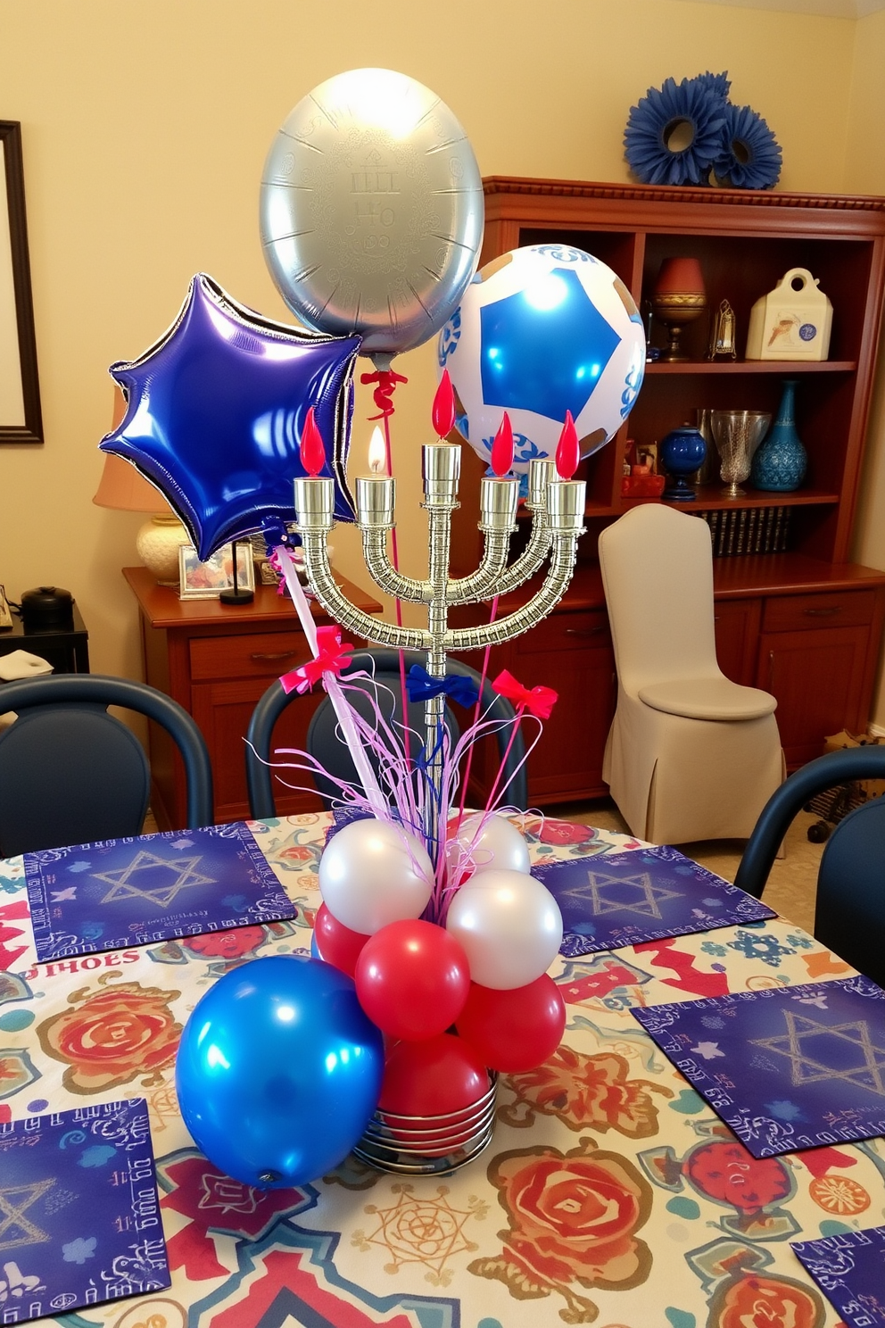 A beautiful tabletop menorah is elegantly displayed at the center of a stylish home office. Surrounding the menorah are vibrant fresh flowers in a variety of colors, adding a festive touch to the workspace. The walls are adorned with tasteful artwork that complements the Hanukkah theme. A cozy armchair is positioned nearby, creating a warm and inviting atmosphere perfect for celebrating the holiday.