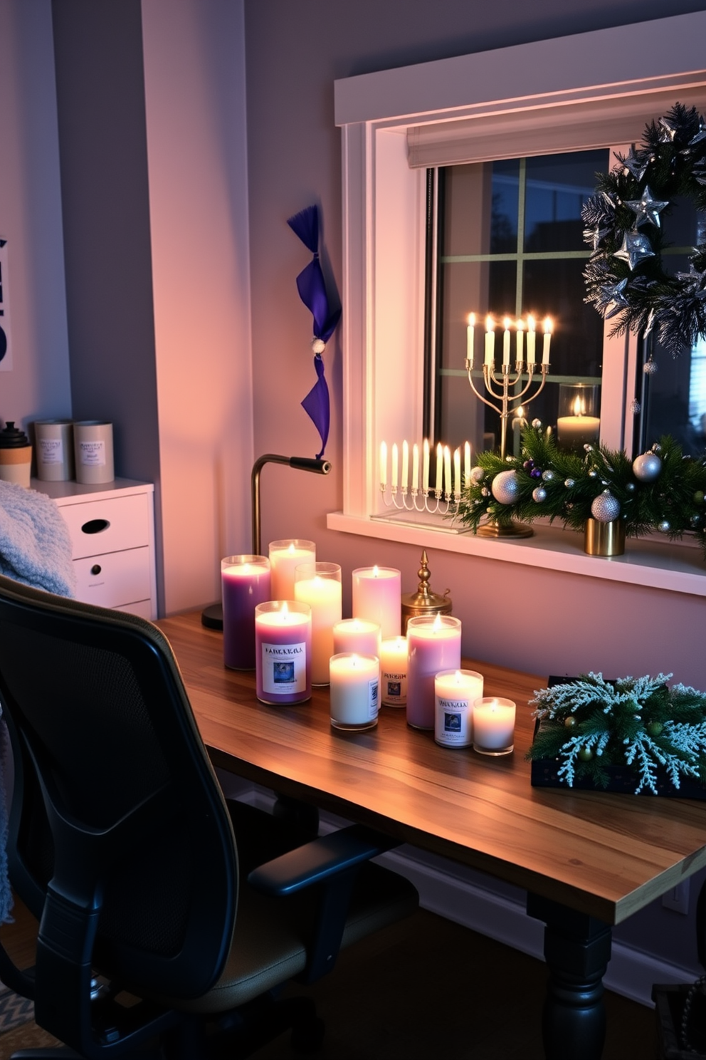 A cozy home office space adorned with seasonal scented candles that create a warm ambiance. The desk is made of reclaimed wood and is complemented by a comfortable ergonomic chair, while festive Hanukkah decorations add a touch of holiday spirit. On the desk, a collection of beautifully arranged candles in various heights and colors emit inviting fragrances. The walls are adorned with subtle blue and silver accents, reflecting the colors of Hanukkah, while a menorah sits elegantly on the window sill.