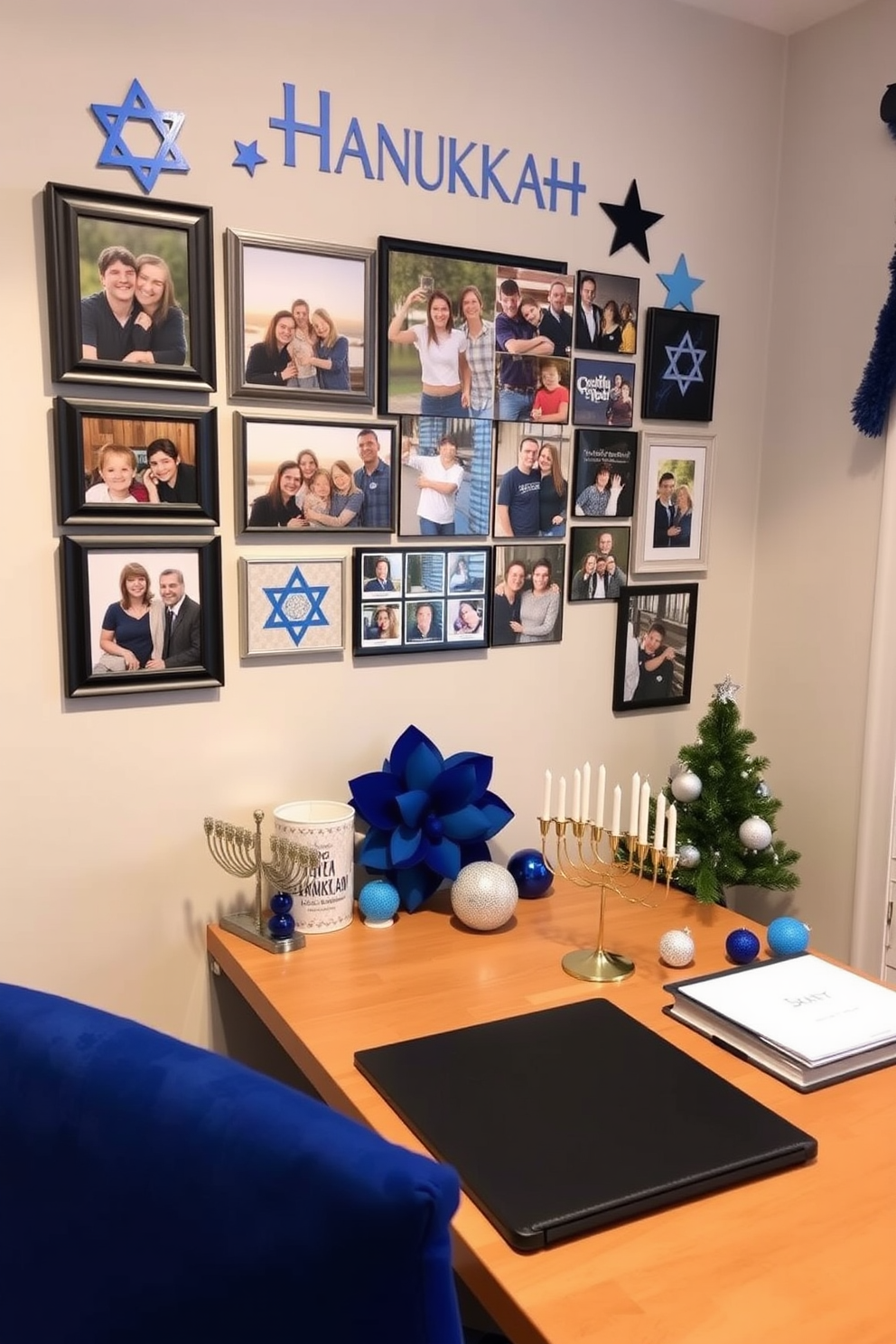 A personalized Hanukkah photo wall collage showcases cherished memories with family and friends. The arrangement features a mix of framed photographs and decorative elements like stars and menorahs to celebrate the holiday spirit. In the home office, Hanukkah decorating ideas include a festive desk setup adorned with blue and silver accents. A small menorah and a few holiday-themed ornaments add a warm touch to the workspace, creating a joyful atmosphere.