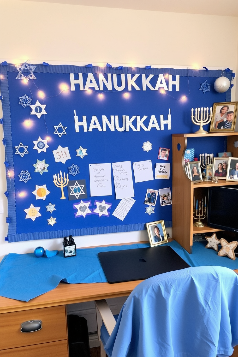 A creative Hanukkah themed bulletin board filled with festive decorations. The board features blue and silver colors, with cut-out dreidels and menorahs, along with twinkling fairy lights and colorful paper garlands. A cozy home office adorned with Hanukkah decorations to inspire productivity. The space includes a desk draped with a blue tablecloth, a menorah on the shelf, and framed family photos celebrating the holiday spirit.