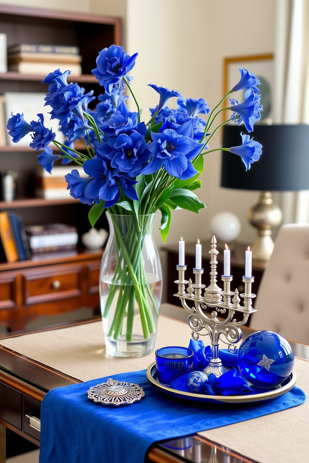 A cozy home office setting adorned with Hanukkah-themed coffee mugs placed neatly on a wooden desk. The desk is complemented by a comfortable chair and a soft blue rug, creating a warm and inviting atmosphere for holiday productivity. Decorative elements include a menorah positioned on the desk and festive garlands hanging from the shelves. The walls are painted in a calming white hue, allowing the vibrant colors of the Hanukkah decorations to stand out beautifully.