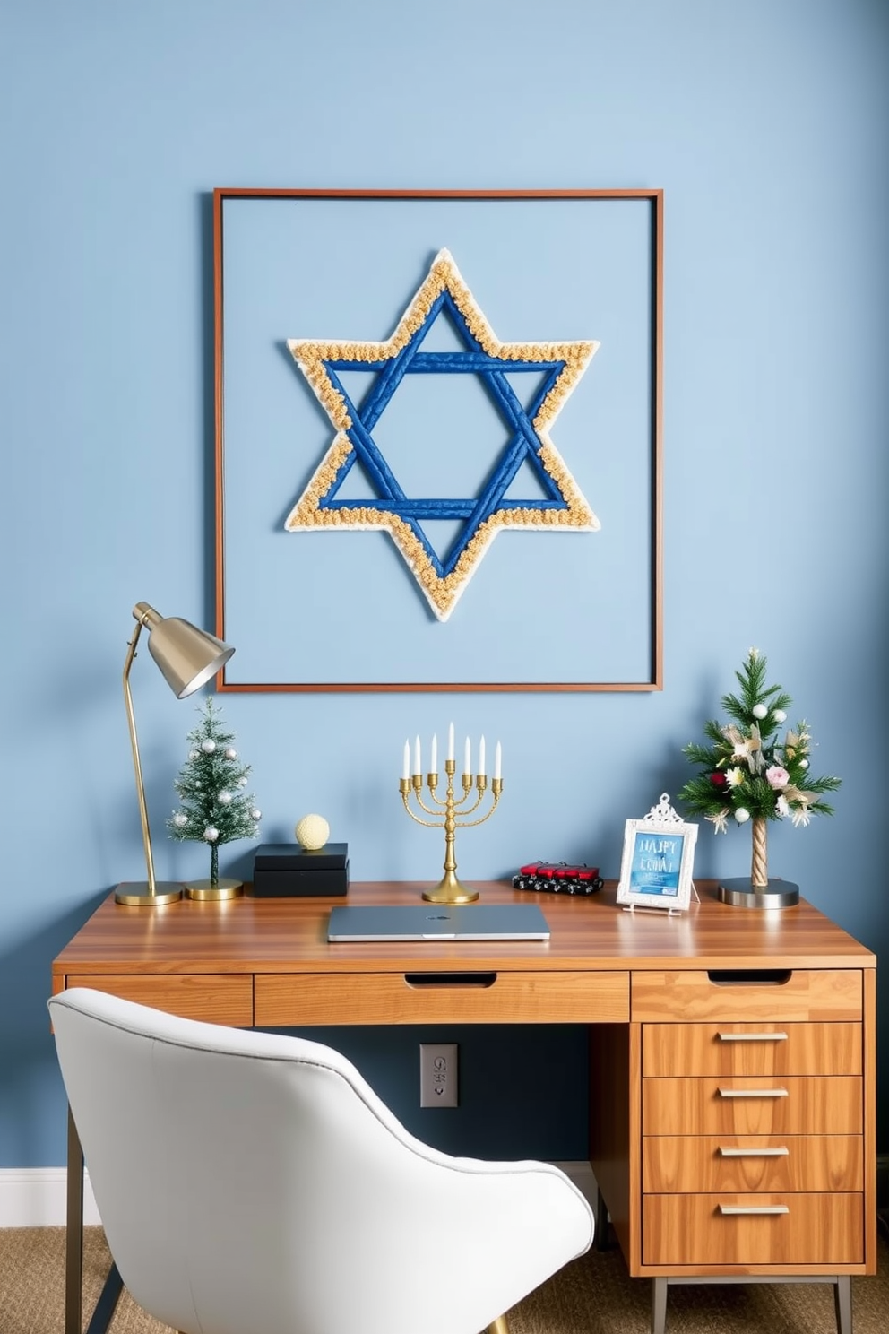 A stylish home office featuring a prominent Star of David wall art display. The walls are painted in a calming blue hue, and a sleek wooden desk sits in front of the artwork, adorned with festive Hanukkah decorations.