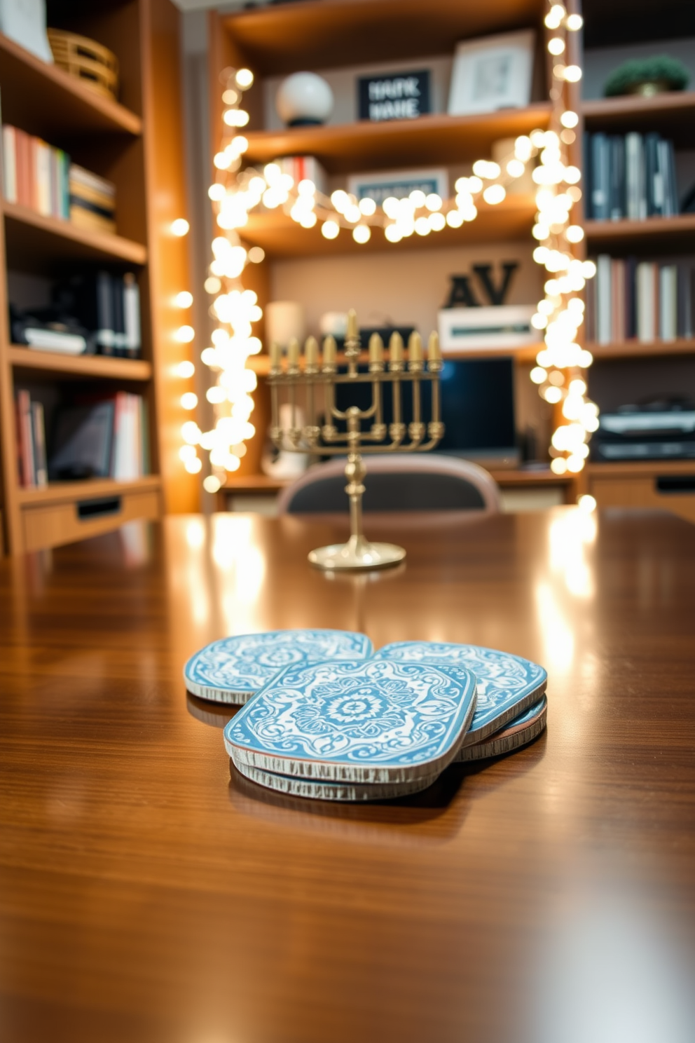 A set of beautifully designed Hanukkah themed coasters is arranged on a stylish wooden table. The coasters feature intricate patterns in blue and silver, adding a festive touch to the workspace. In the home office, soft white lights are draped along the shelves, creating a warm and inviting atmosphere. A decorative menorah sits on the desk, complementing the overall Hanukkah decor with elegance and charm.