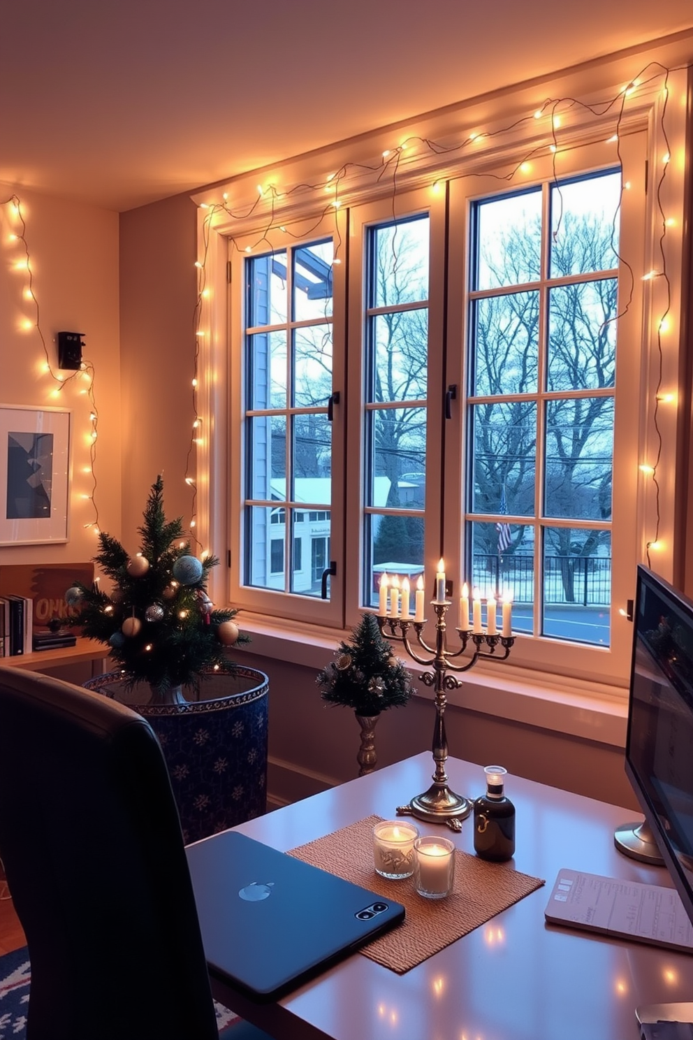 Decorative string lights are draped elegantly around large windows, creating a warm and inviting atmosphere in the home office. The soft glow of the lights enhances the cozy workspace, making it perfect for productivity during the festive Hanukkah season. Incorporate traditional Hanukkah decorations alongside the string lights, such as a beautiful menorah placed on the desk. Add touches of blue and silver with decorative accents to complement the warm lighting and create a harmonious holiday-inspired workspace.