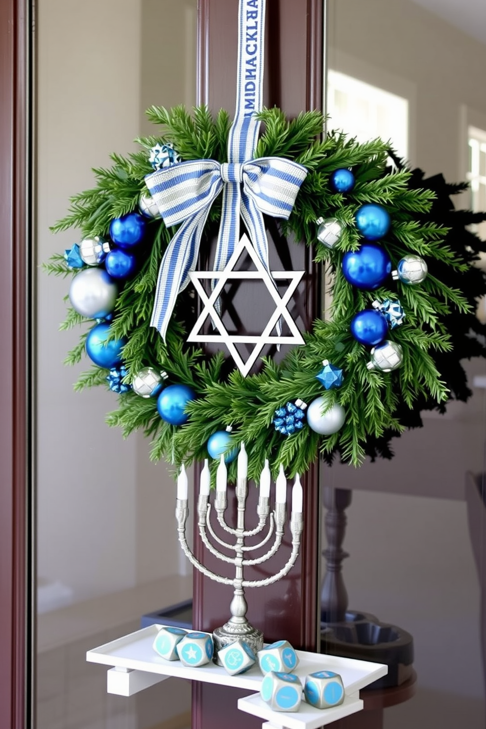 A charming Hanukkah wreath adorns the front door, crafted from fresh greens and accented with blue and silver ornaments. The wreath features a Star of David centerpiece, welcoming guests with a festive touch. In the home office, Hanukkah decorating ideas include a small menorah placed on the desk, surrounded by decorative dreidels. Soft blue and white accents in the decor create a serene and inviting atmosphere for the holiday season.