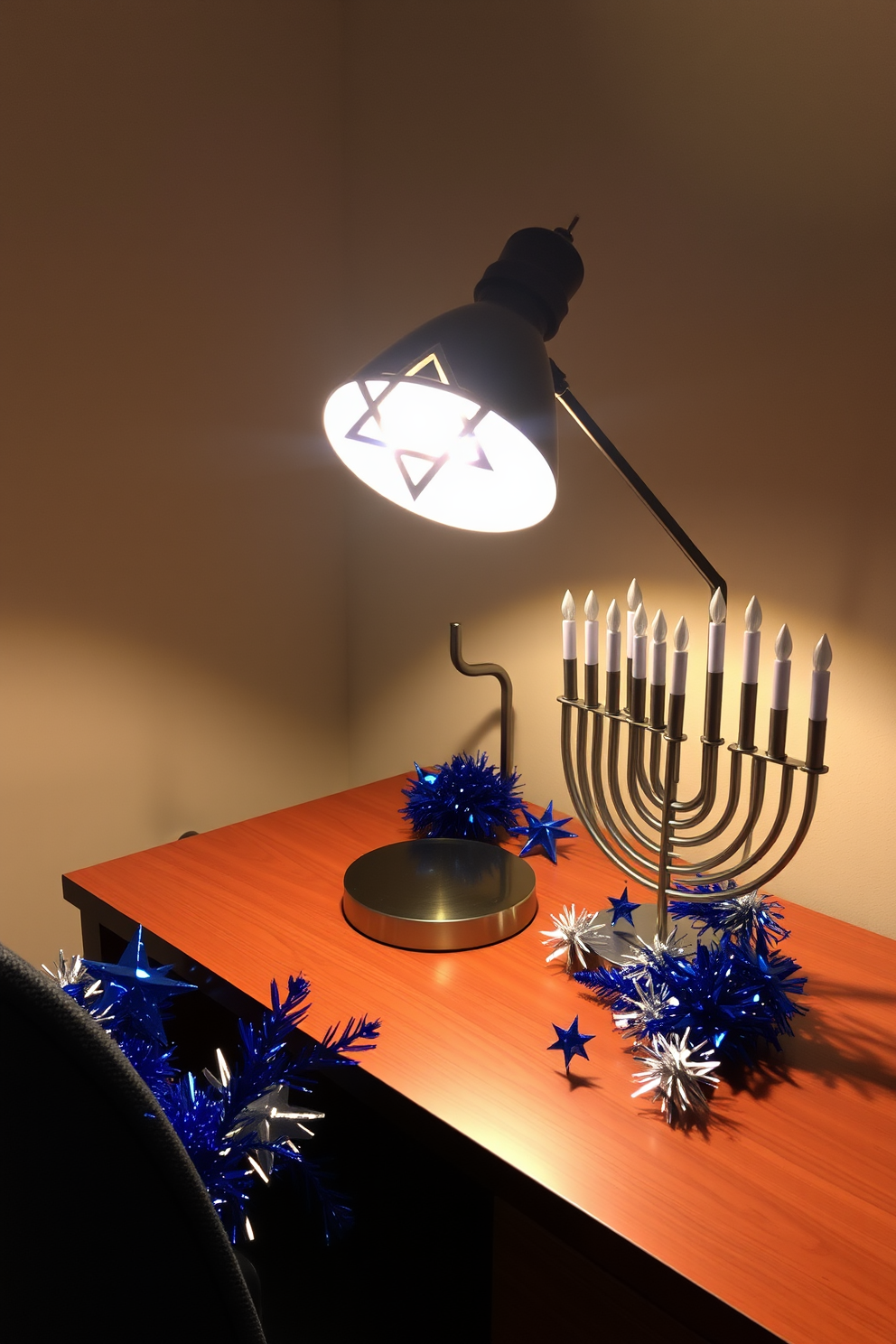 A stylish desk lamp with a star motif illuminates the workspace, casting a warm glow across the sleek wooden desk. Surrounding the lamp, festive Hanukkah decorations in blue and silver create a cheerful and inviting atmosphere for the home office.