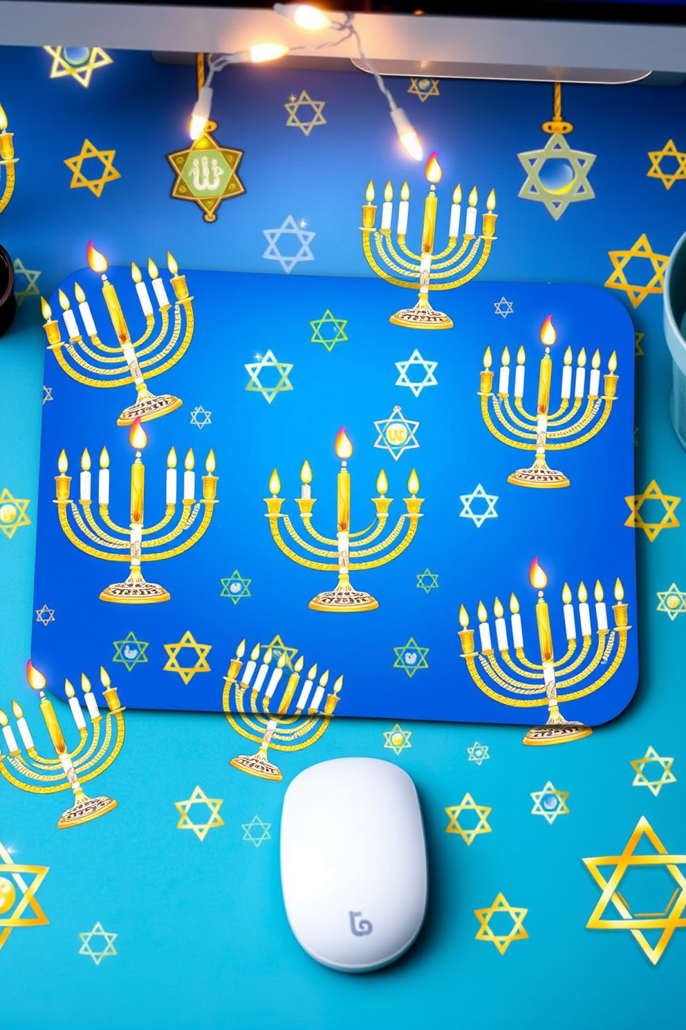 A Hanukkah themed mouse pad design featuring a vibrant blue background adorned with silver and gold menorahs. The menorahs are intricately detailed with glowing candles and surrounded by traditional symbols such as dreidels and Star of David motifs. For home office Hanukkah decorating ideas, incorporate a festive color palette of blue, white, and gold throughout the workspace. Consider adding decorative elements like a small menorah on the desk and hanging string lights to create a warm and inviting atmosphere.