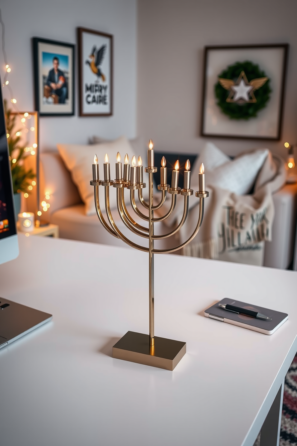 A charming miniature Hanukkah village is displayed on a wooden shelf, featuring small houses adorned with blue and white decorations. Twinkling lights illuminate the scene, creating a warm and festive atmosphere. In the home office, subtle Hanukkah decorations enhance the workspace, with a menorah placed on the desk beside a stack of books. A cozy throw in shades of blue drapes over the chair, adding a touch of seasonal cheer.