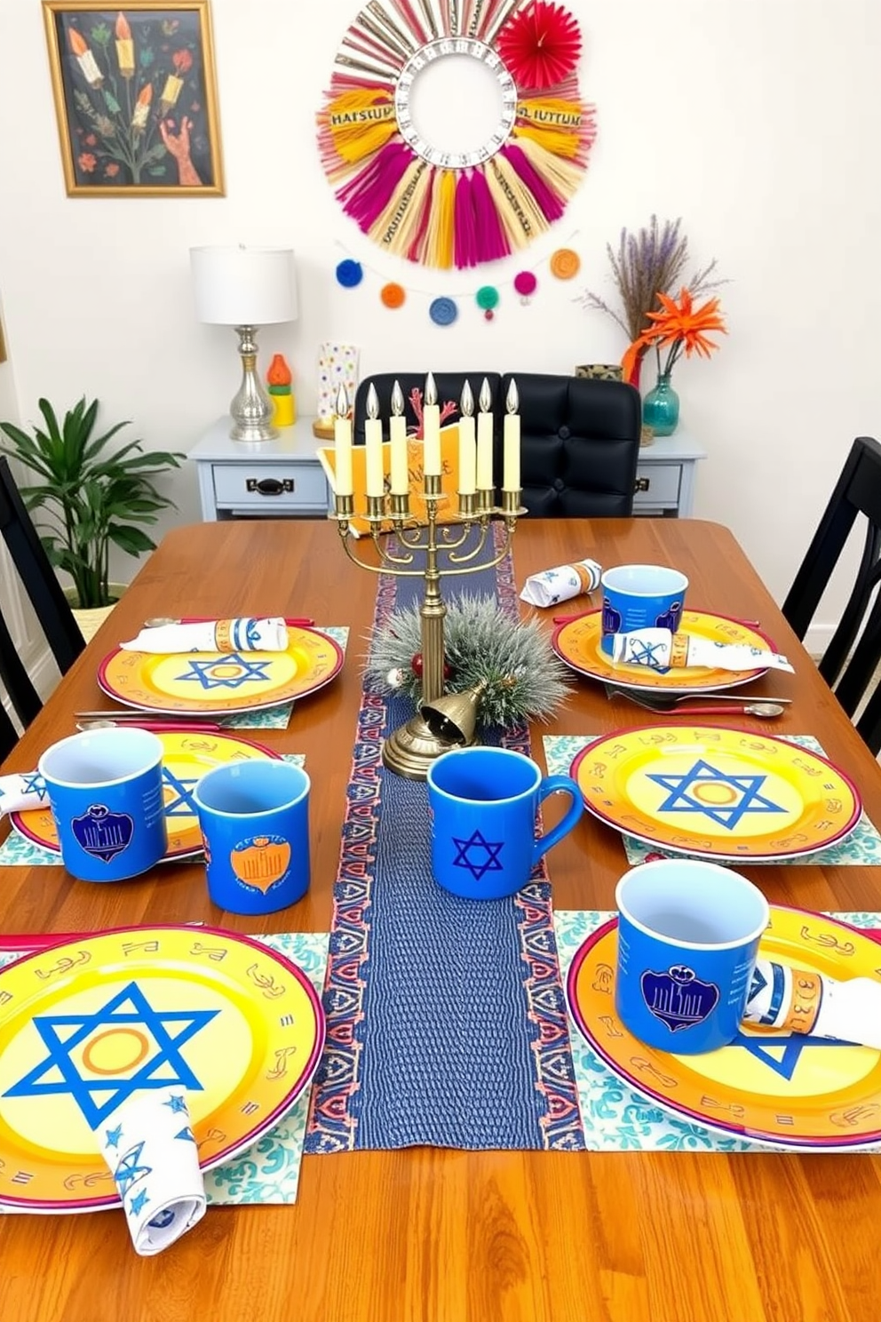 Brightly colored Hanukkah tableware set. The table is adorned with vibrant plates and mugs featuring traditional symbols, surrounded by festive napkins and a decorative menorah at the center. Home Office Hanukkah Decorating Ideas. The workspace features a cozy desk adorned with colorful Hanukkah-themed decorations, including a small dreidel and a festive table runner, creating an inspiring and joyful atmosphere.