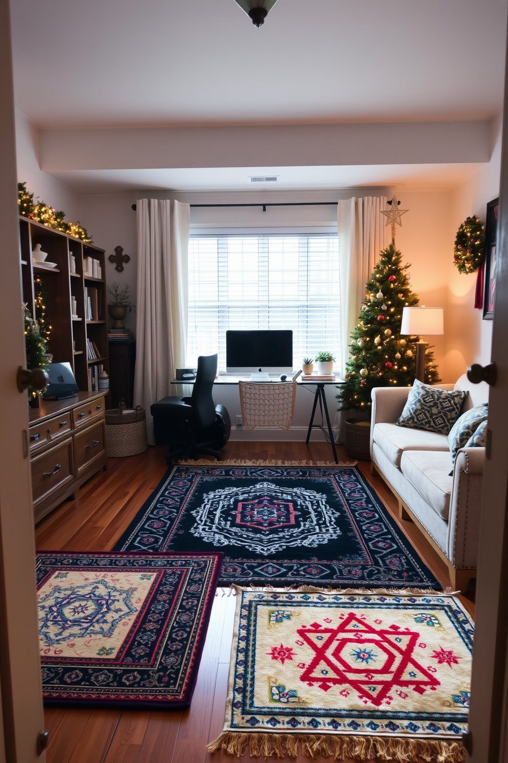 A cozy home office adorned with layered rugs featuring festive patterns that celebrate Hanukkah. The space is illuminated by warm lighting, creating an inviting atmosphere for productivity and holiday spirit.