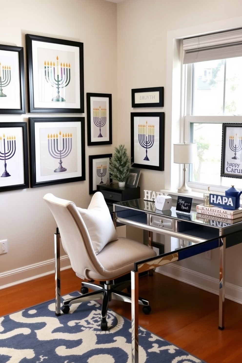 A cozy home office adorned with seasonal artwork featuring Hanukkah symbols. The walls are decorated with framed prints of menorahs and dreidels, creating a festive atmosphere. A stylish desk is positioned near a window, with a blue and silver color scheme that reflects the holiday spirit. A plush chair complements the decor, while a small shelf displays decorative items related to Hanukkah.