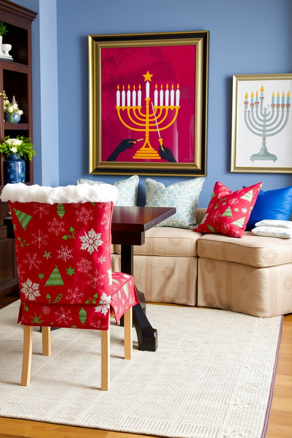 Festive chair covers with holiday designs. The covers feature vibrant patterns of snowflakes and ornaments in rich reds and greens, adding a cheerful touch to the dining room. Home Office Hanukkah Decorating Ideas. Incorporate blue and silver accents with menorah-themed artwork and a cozy reading nook adorned with plush cushions for a warm atmosphere.