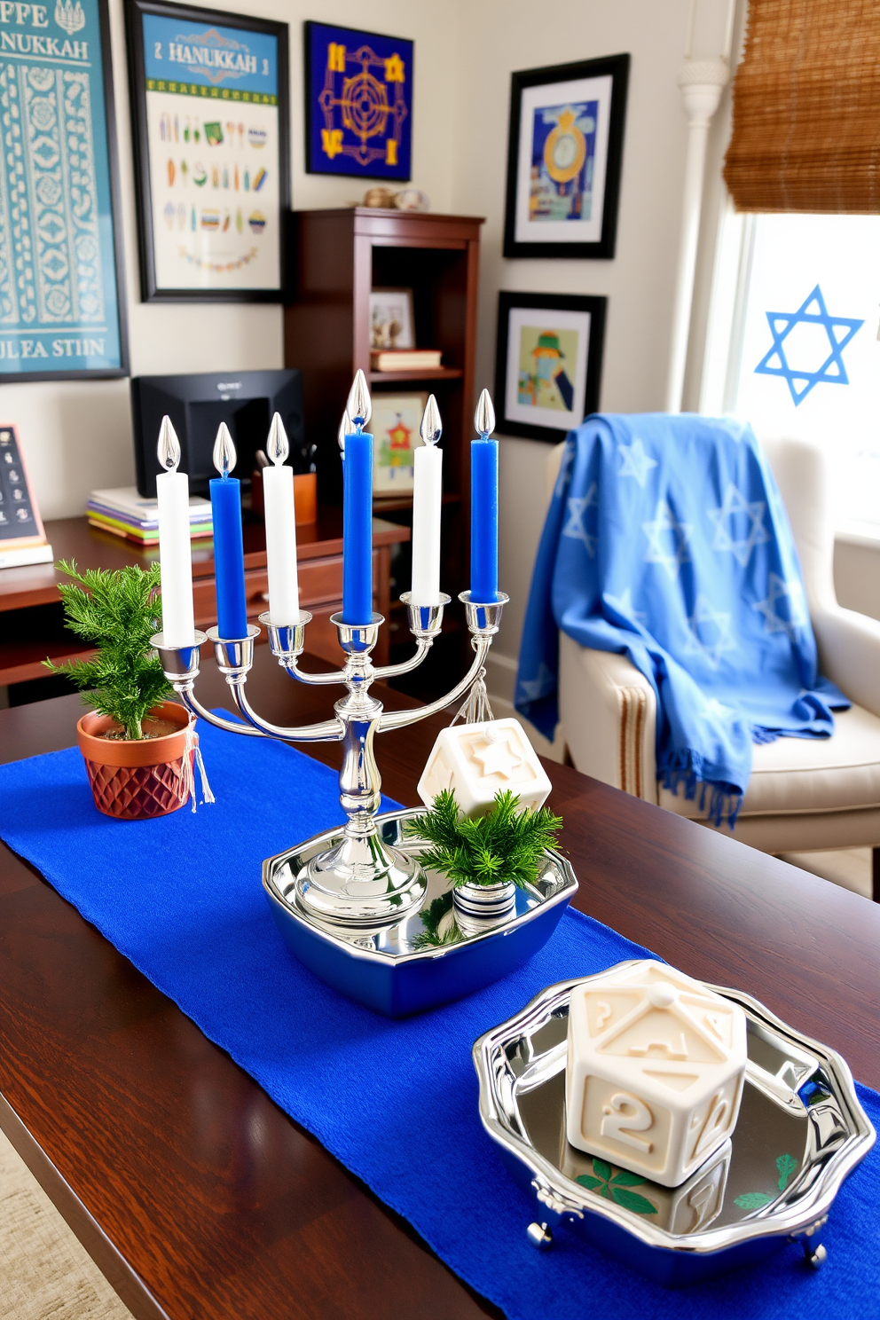 A Hanukkah themed desk accessories set featuring a menorah made of polished silver with blue and white candles. The set includes a dreidel crafted from ceramic with intricate designs and a decorative tray to hold gelt and other festive items. In the home office, the desk is adorned with a vibrant blue table runner and a small potted evergreen plant. Surrounding the workspace are festive wall art pieces depicting traditional Hanukkah symbols and a cozy reading nook with a plush chair draped in a Star of David patterned throw.