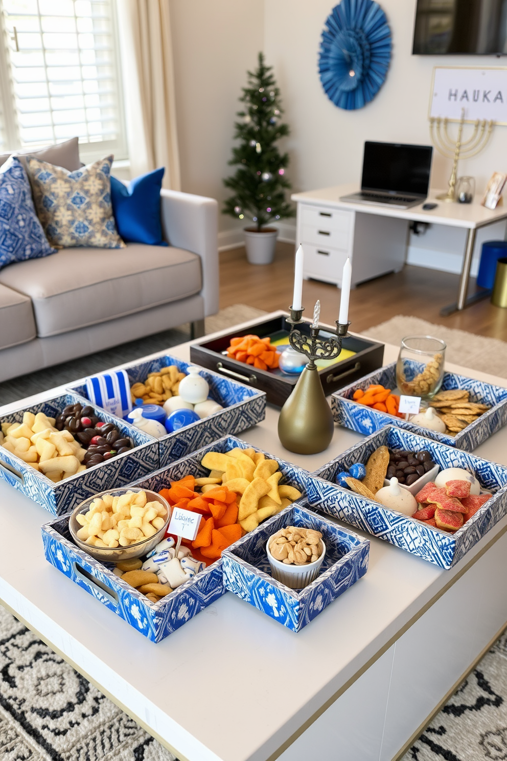 A collection of decorative trays arranged on a stylish coffee table. Each tray is filled with an assortment of snacks and treats, featuring vibrant colors and textures that invite guests to indulge. A modern home office designed for productivity and creativity. The space is adorned with festive Hanukkah decorations, including a menorah and blue and silver accents that enhance the warm atmosphere.