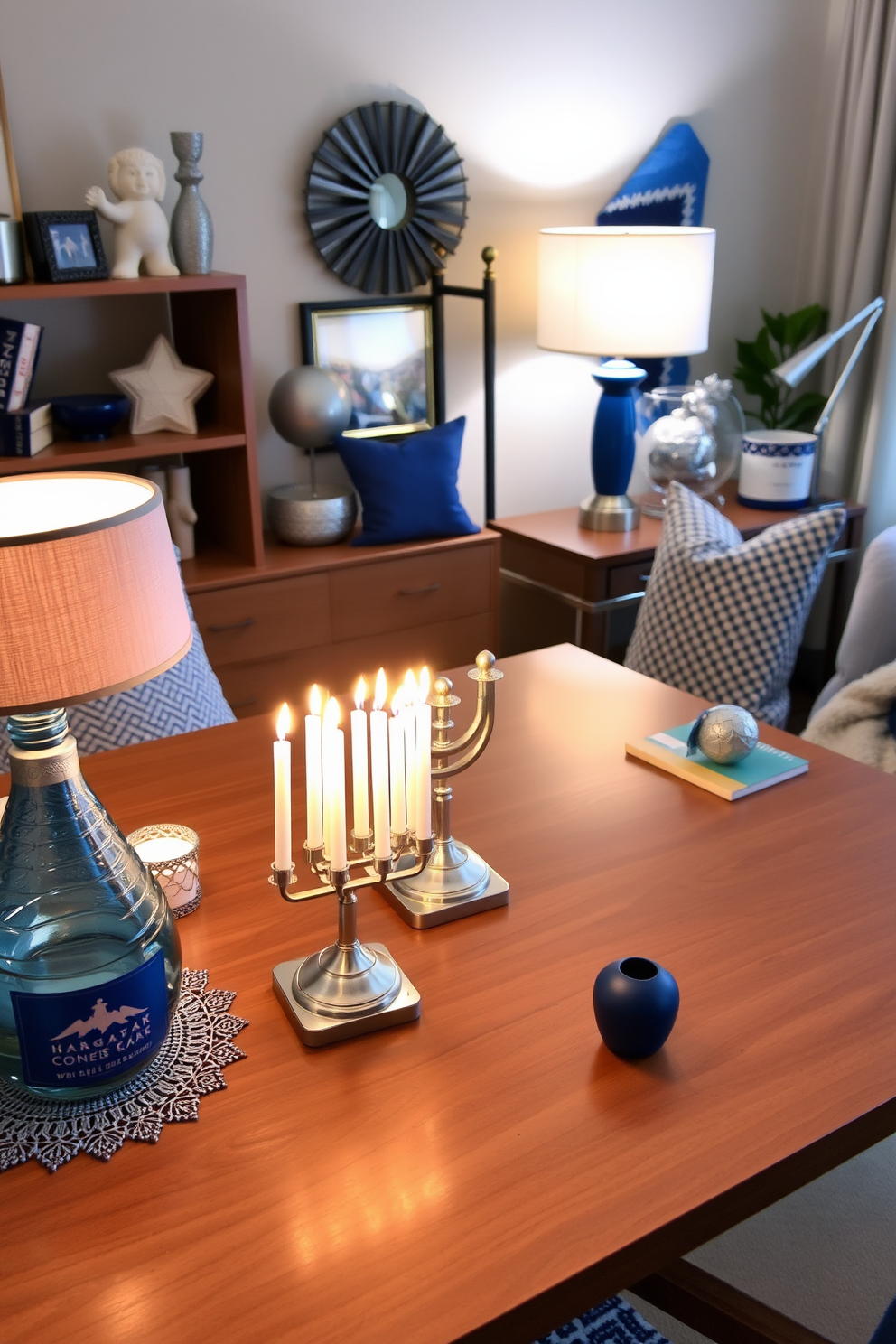 A beautifully arranged home office featuring a lighted menorah as the centerpiece on a sleek wooden desk. Surrounding the menorah are festive Hanukkah decorations, including blue and silver accents, cozy textiles, and a warm ambient glow from stylish lamps.