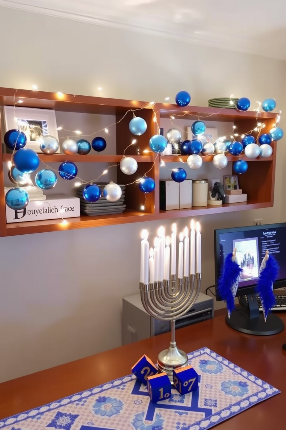 A charming DIY Hanukkah garland stretches across the shelves, adorned with blue and silver ornaments that capture the festive spirit. Twinkling fairy lights are intertwined, casting a warm glow and creating an inviting atmosphere. In the home office, Hanukkah decorations bring a touch of celebration to the workspace. A menorah sits on the desk, surrounded by colorful dreidels and a festive table runner that adds a cheerful pop of color.