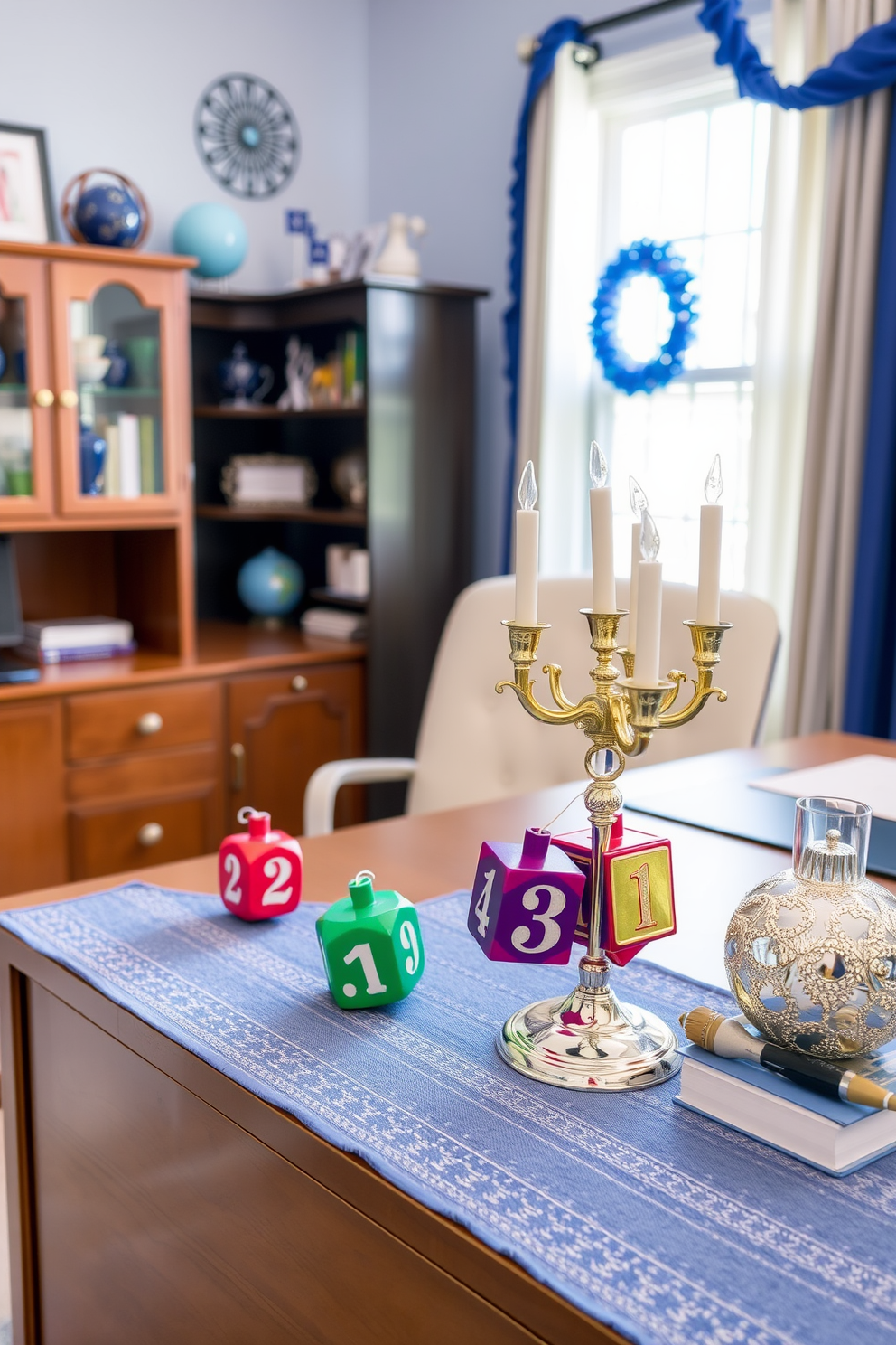 A festive home office decorated for Hanukkah. The desk is adorned with decorative dreidels in vibrant colors, surrounded by blue and silver accents that evoke the holiday spirit.