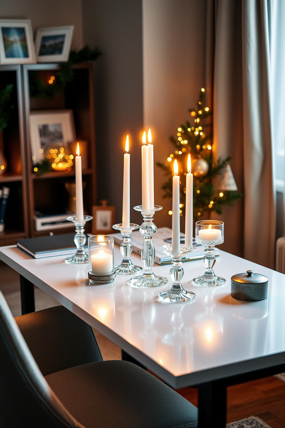 A cozy home office setting adorned with Hanukkah candles in elegant glass holders. The candles are arranged on a sleek desk, surrounded by festive decorations that reflect the spirit of the holiday. Warm lighting illuminates the space, creating a welcoming atmosphere for work and celebration. A comfortable chair sits beside the desk, inviting creativity and inspiration during the Hanukkah season.