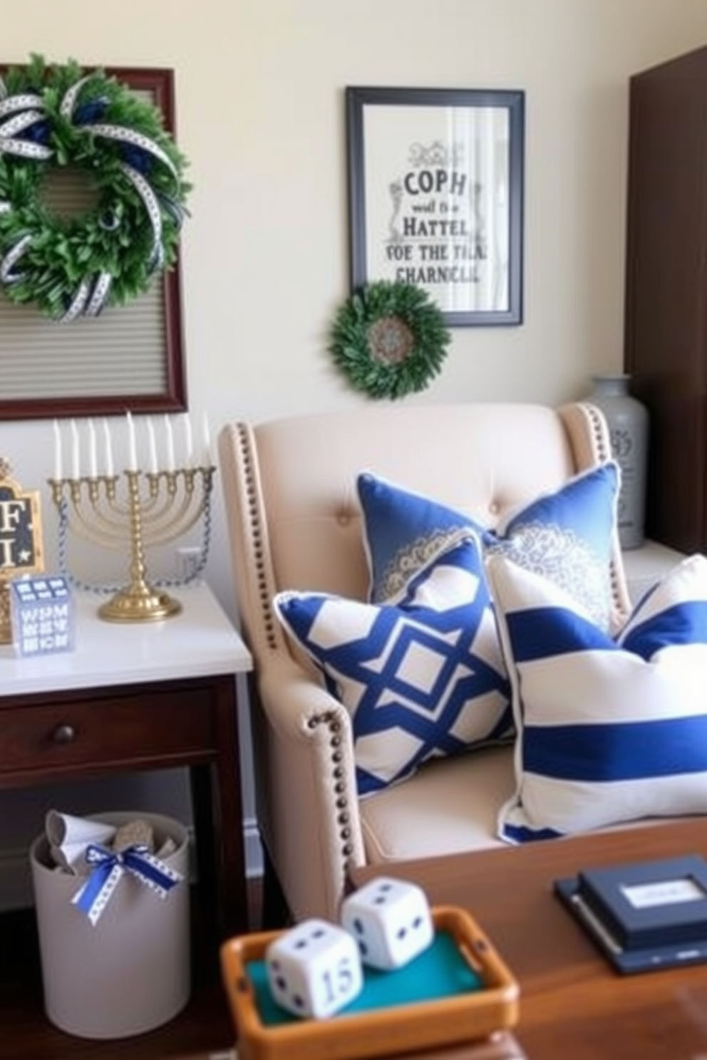 A cozy home office setting featuring a comfortable chair adorned with blue and white throw pillows. The desk is stylishly organized with festive Hanukkah decorations, including a menorah and decorative dreidels.