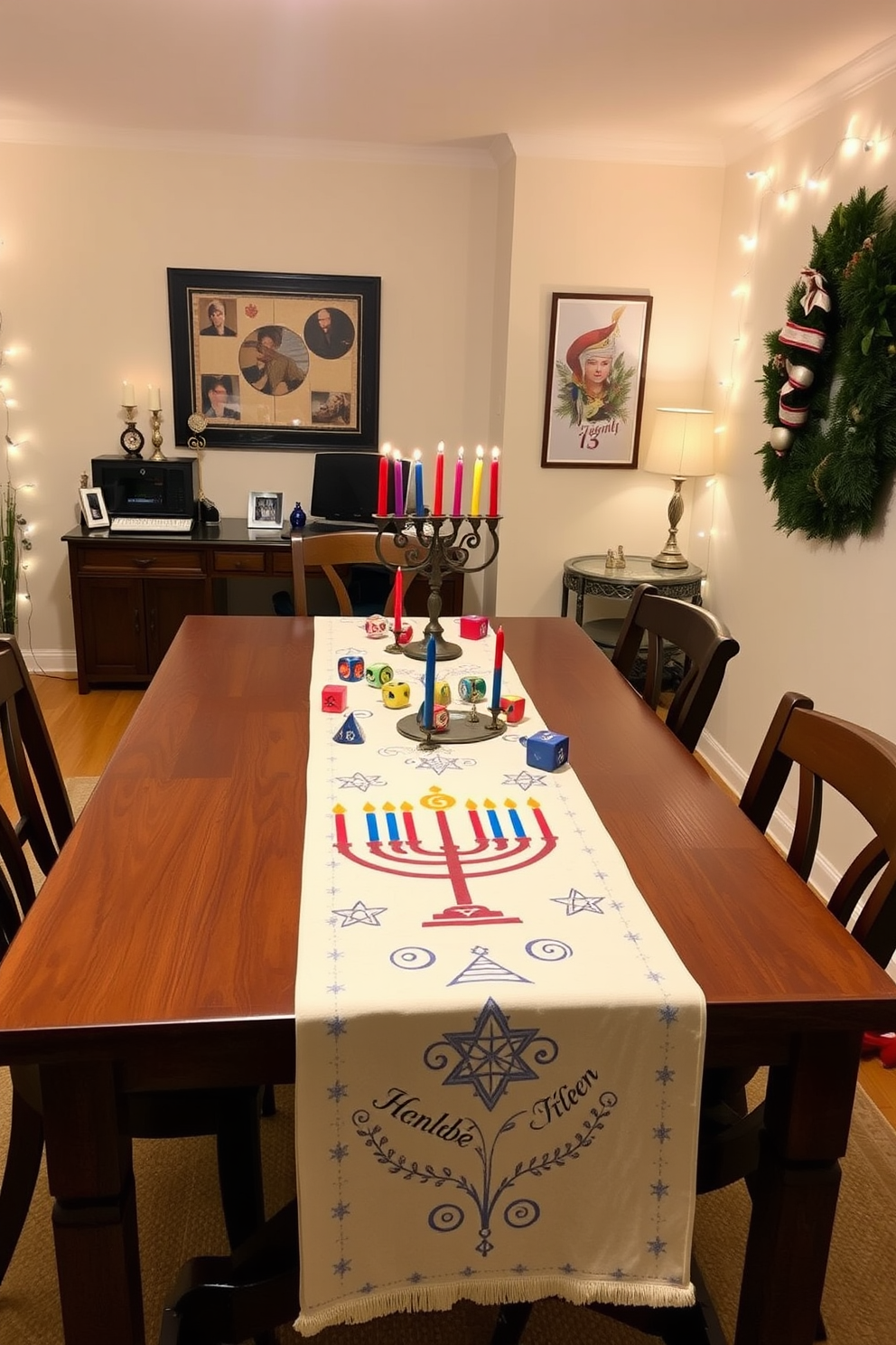 A festive table runner featuring a menorah design is elegantly draped across a long wooden dining table. The table is adorned with colorful candles and decorative dreidels, creating a warm and inviting atmosphere for Hanukkah celebrations. In the home office, Hanukkah decorations include a beautifully crafted menorah placed on the desk. The walls are adorned with festive artwork and string lights, adding a touch of holiday cheer to the workspace.